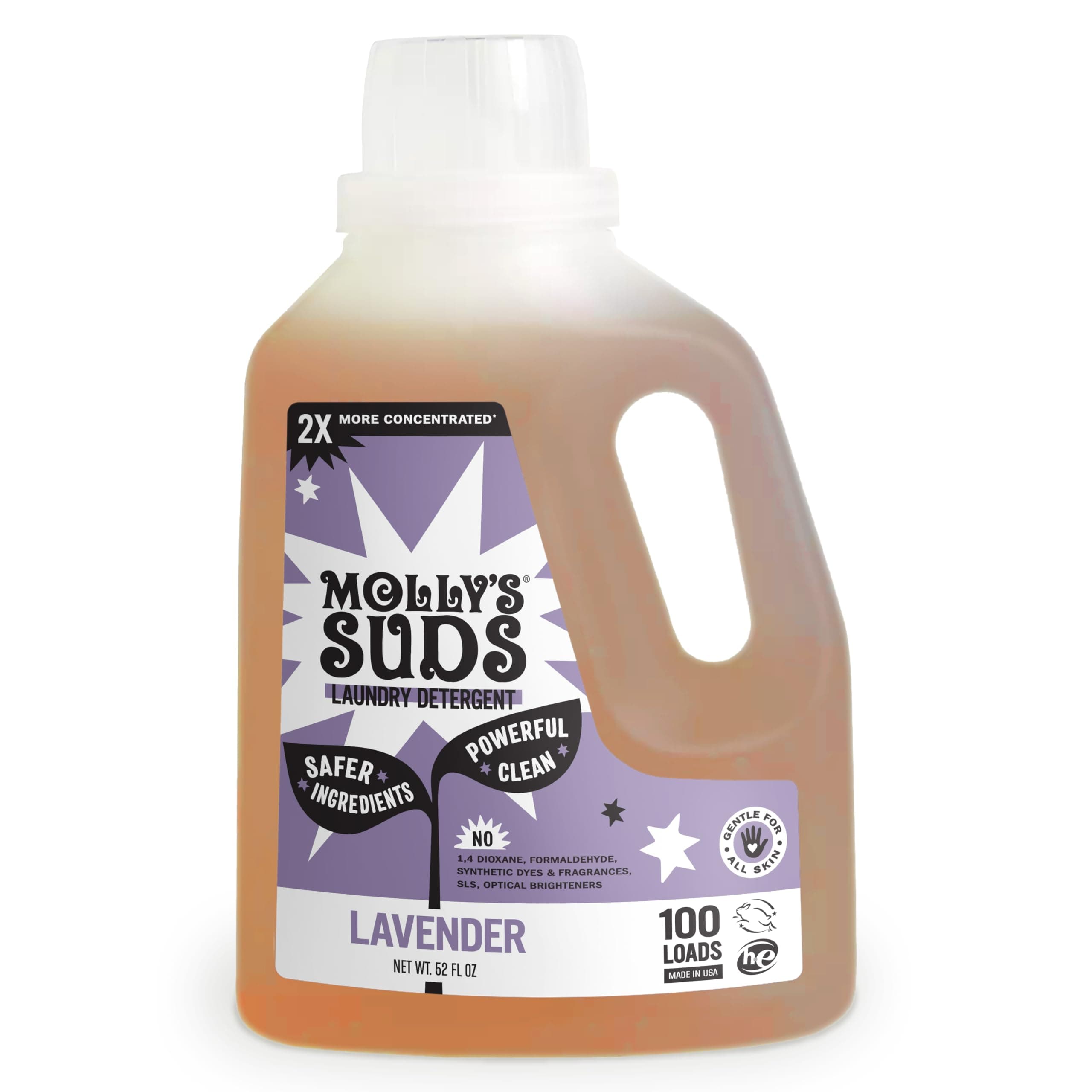 Molly's Suds Liquid Laundry Detergent | Natural Laundry Detergent Soap for Sensitive Skin, 2x Concentrated, High Efficiency (HE) | Lavender - 100 Loads