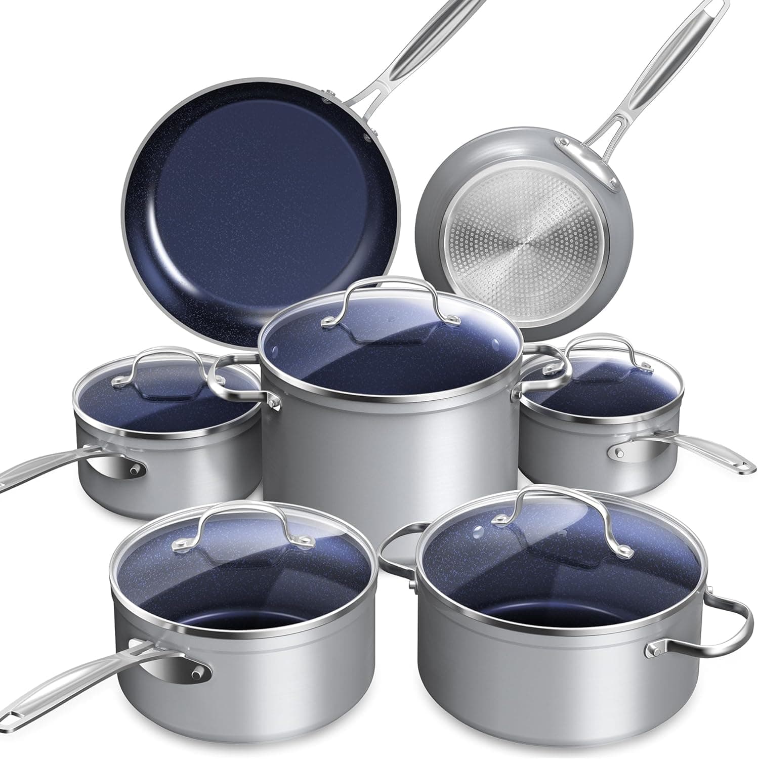 Nuwave Healthy Duralon Blue Ceramic Nonstick Cookware Set, Diamond Infused Scratch-Resistant, PFAS Free, Dishwasher & Oven Safe, Induction Ready & Evenly Heats, Tempered Glass Lids & Stay-Cool Handles