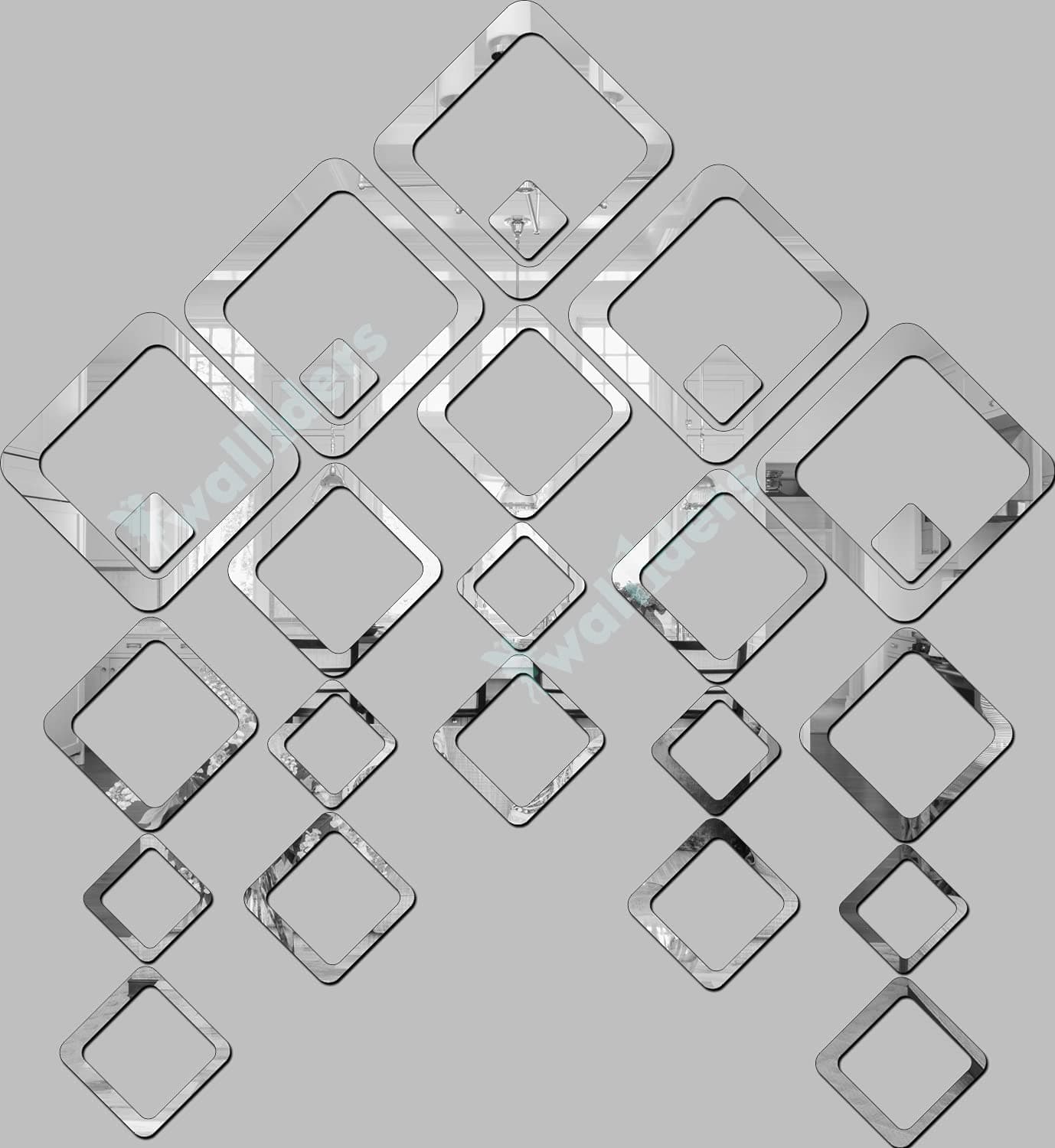 Wall1ders30 Six Size Square Mirror Stickers for Wall. (Silver1)