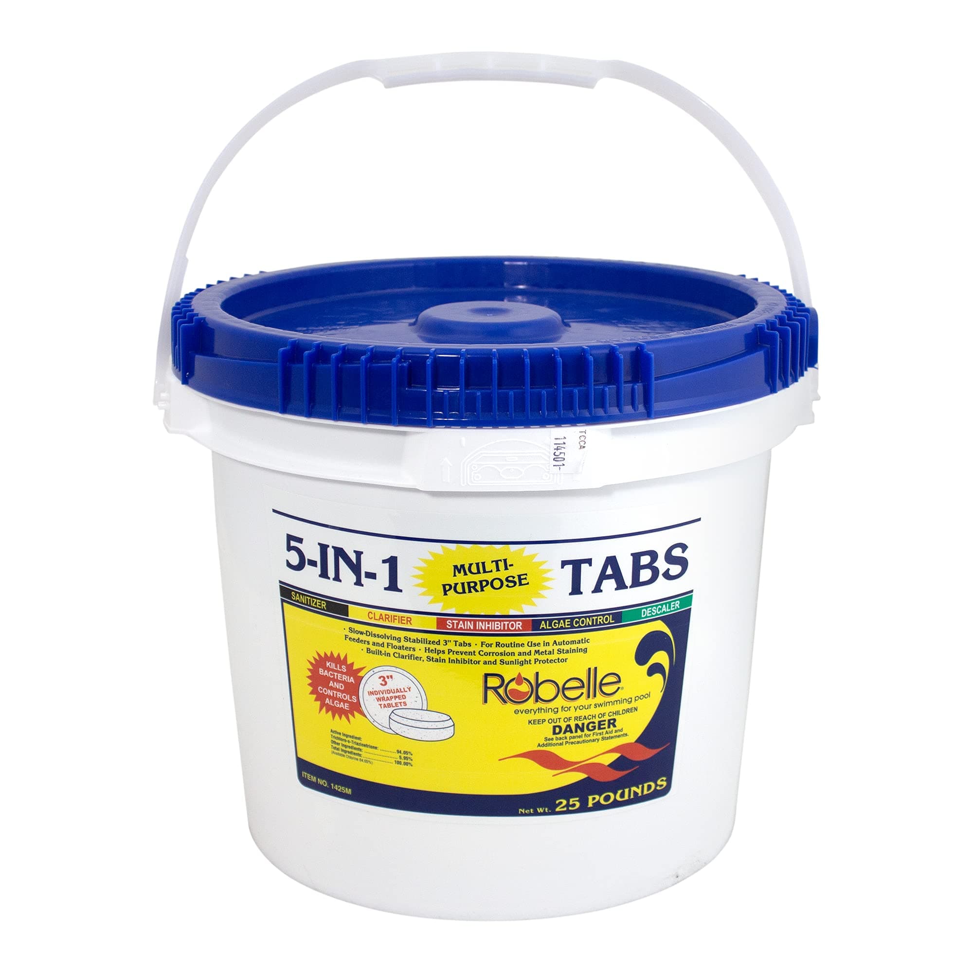 Robelle 25-Pounds Premium 5-in-1 Multi-Purpose Tabs, Chlorine Tablets 3 Inch, Sanitizer, Clarifier, Stain Inhibitor, Algae Control, Descaler, Sunlight Protector All in One, Made in USA