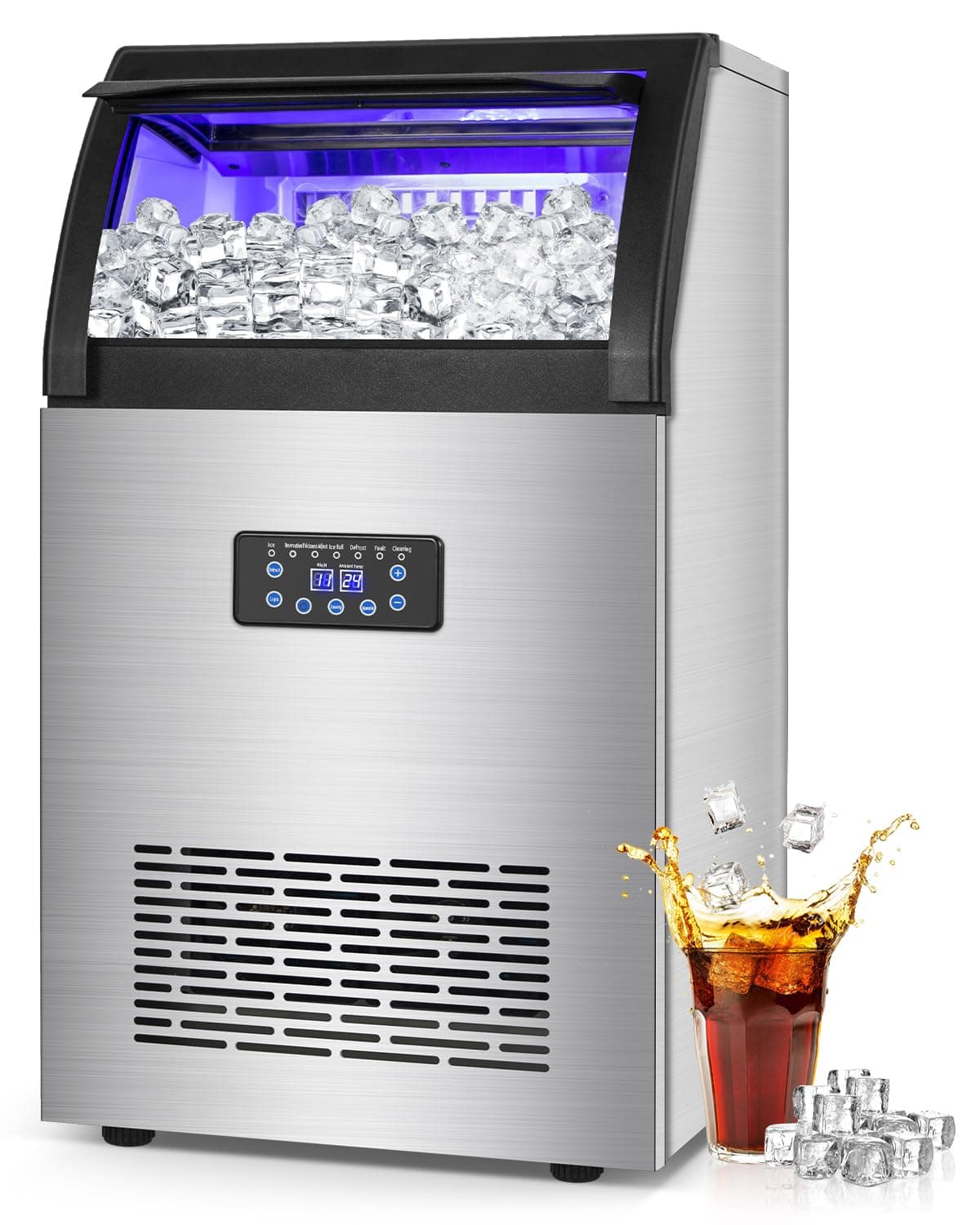 150 lbs/24h Commercial Ice Maker with 50 lbs Storage Bin | Stainless Steel Undercounter/Freestanding Ice Machine for Home Bar & Outdoor Use | 55 PCS Ice Cubes | Self-Cleaning Functionality