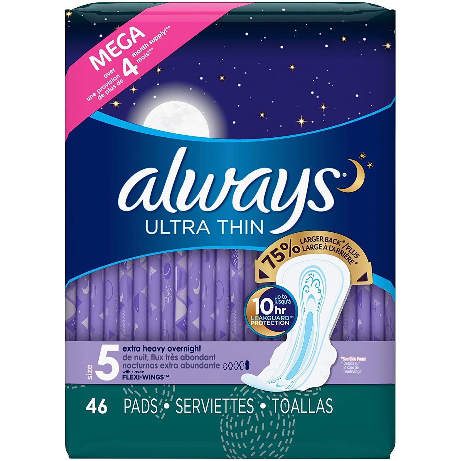 Always Ultra Thin Size 5 Extra Heavy Overnight, Unscented, 46 Pads