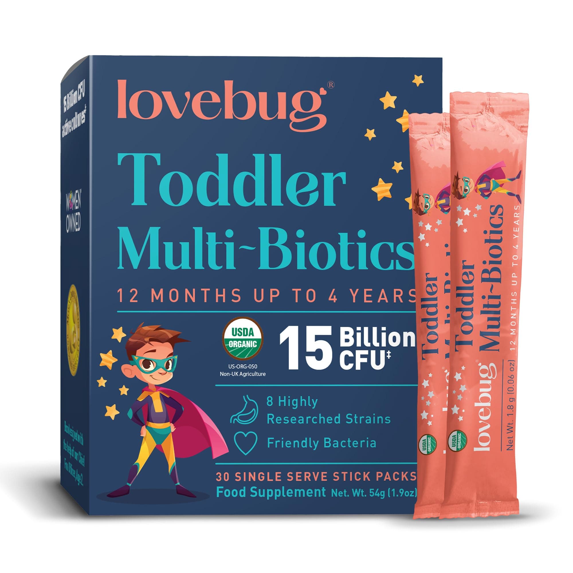 Lovebug Kids Probiotic Powder - 15 Billion CFU Multi-Strain Formula - Friendly Bio Cultures to Support Gut Health for Children & Toddlers Aged (12 Months to 4 Years) - 30 Unflavoured Sachet Pack