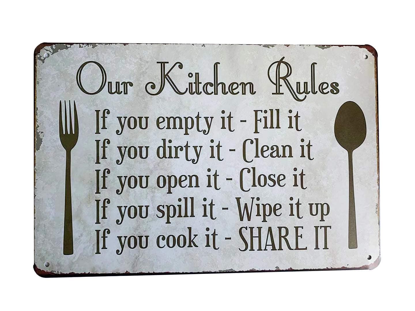 Kitchen Rules Plaque Wall Decor Rustic Metal Tin Signs Posters Farmhouse Kitchen Rules Tin Sign 12X8-Inch