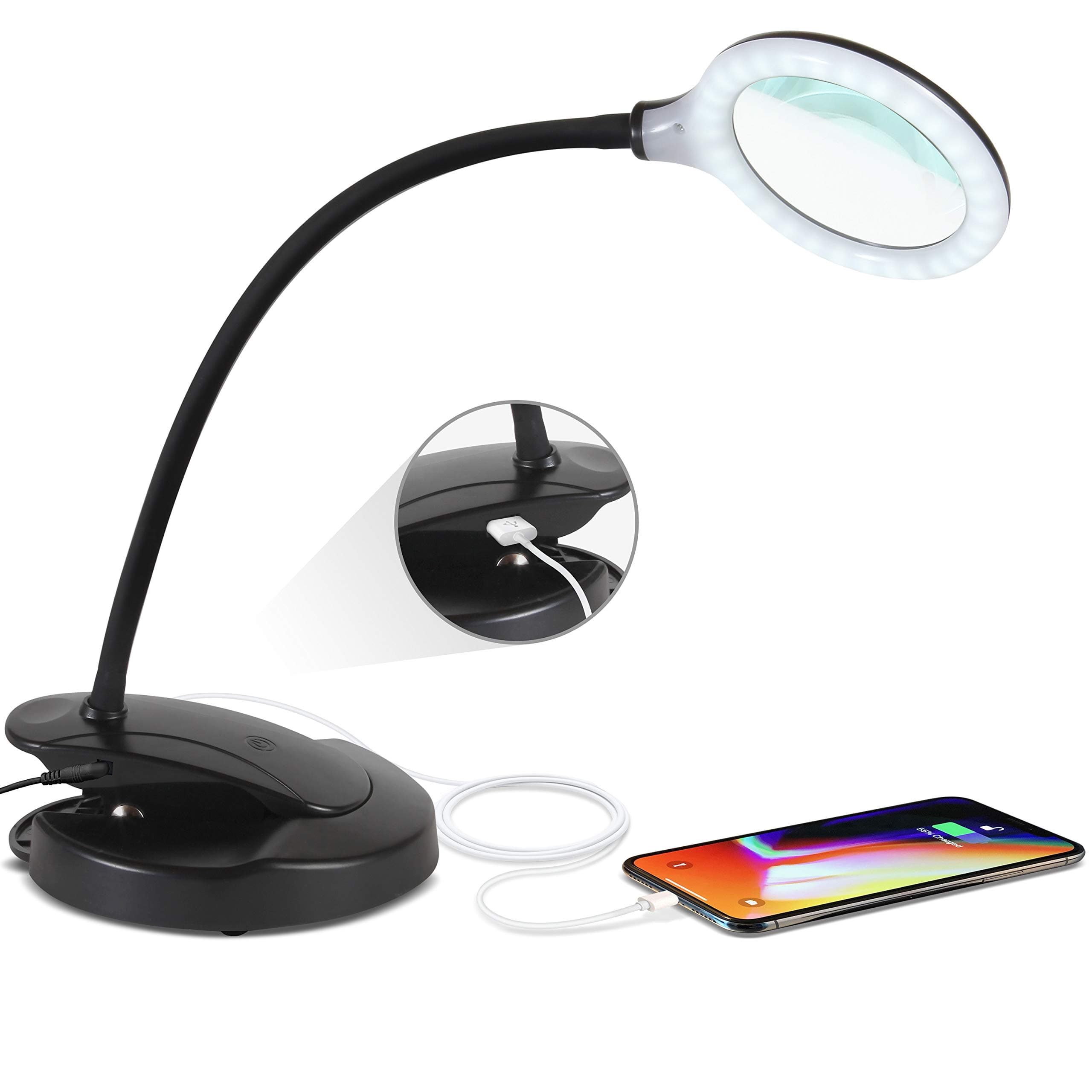 Brightech LightView Magnifying LED Desk Lamp with Stand, Clamp - 1.75x Light Glass Magnifier with USB Port - Dimmable Reading Lamp - Black