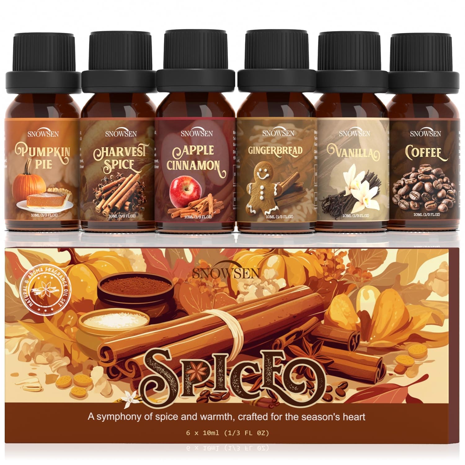 Spice Essential Oils for Diffuser for Home, SNOWSEN Aromatherapy Oil Set - Apple Cinnamon, Pumpkin Pie, Gingerbread, Coffee, Vanilla, Harvest Spice, Autumn Fragrance Oils Gift Set