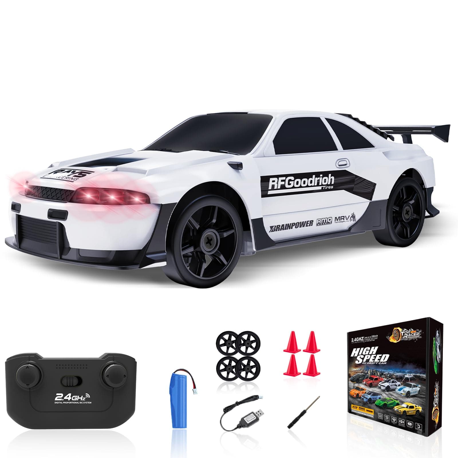 RC Drift Car 2.4GHz 1/24 Remote Control Car 4WD High Speed Drifting Cars with Light Rechargeable Battery and Drift Tires RC Cars Toys for Kids Adults Girl Boys, White