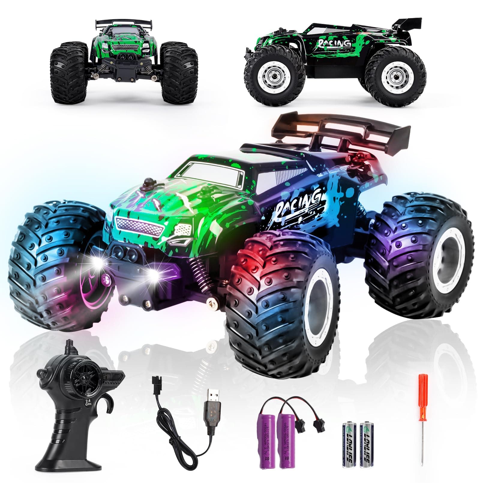 1:18 Remote Control Car for Boys Age 4-7 8-12, 20Mph All Terrian Remote Control Monster Truck with Colorful Bodylight, Headlight, High Torque Motor, Truck Toy for Boy Age 4-12 Birthday Gift
