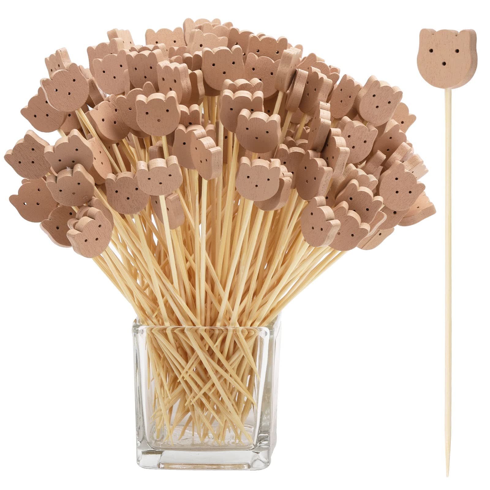 200 Pcs Bamboo Cocktail Picks 4.7 Inch Bear Face Cocktail Sticks Food Picks Garnish Sticks Decorative Toothpicks for Appetizers, Fruits, Dessert, Baby Shower, Birthday Wedding, Party Supplies