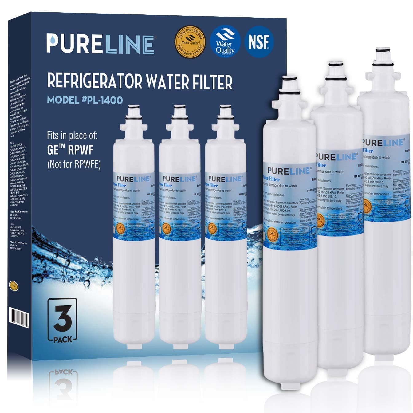 Pureline RPWF (Not RPWFE) Refrigerator Water Filter Replacement with Advanced Filtration. Designed to Exact Fit as OEM for GE RPWF (Not Compatible With RPWFE) - By PURELINE (3 Pack)
