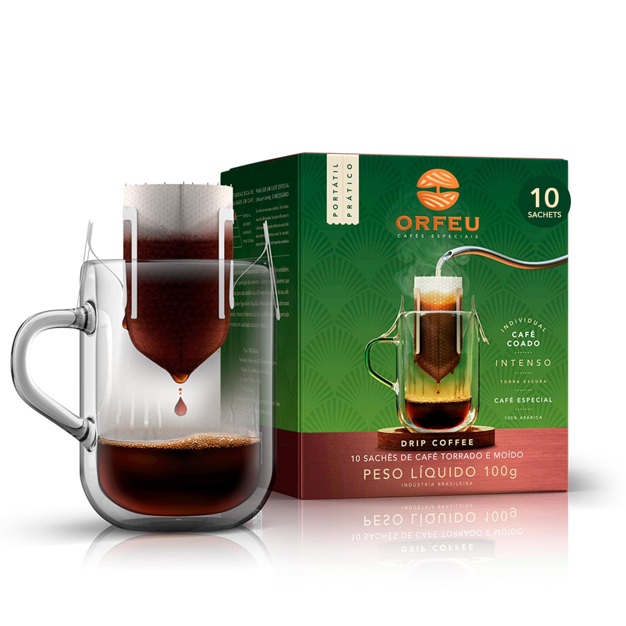 ORFEU - Specialty Coffee Intense - Drip Sachet - Arabica, Dark Roast, Notes of Toasted Caramel & Fruit Jam - Low Acidity - 10 Units (3.52 oz / 100g)