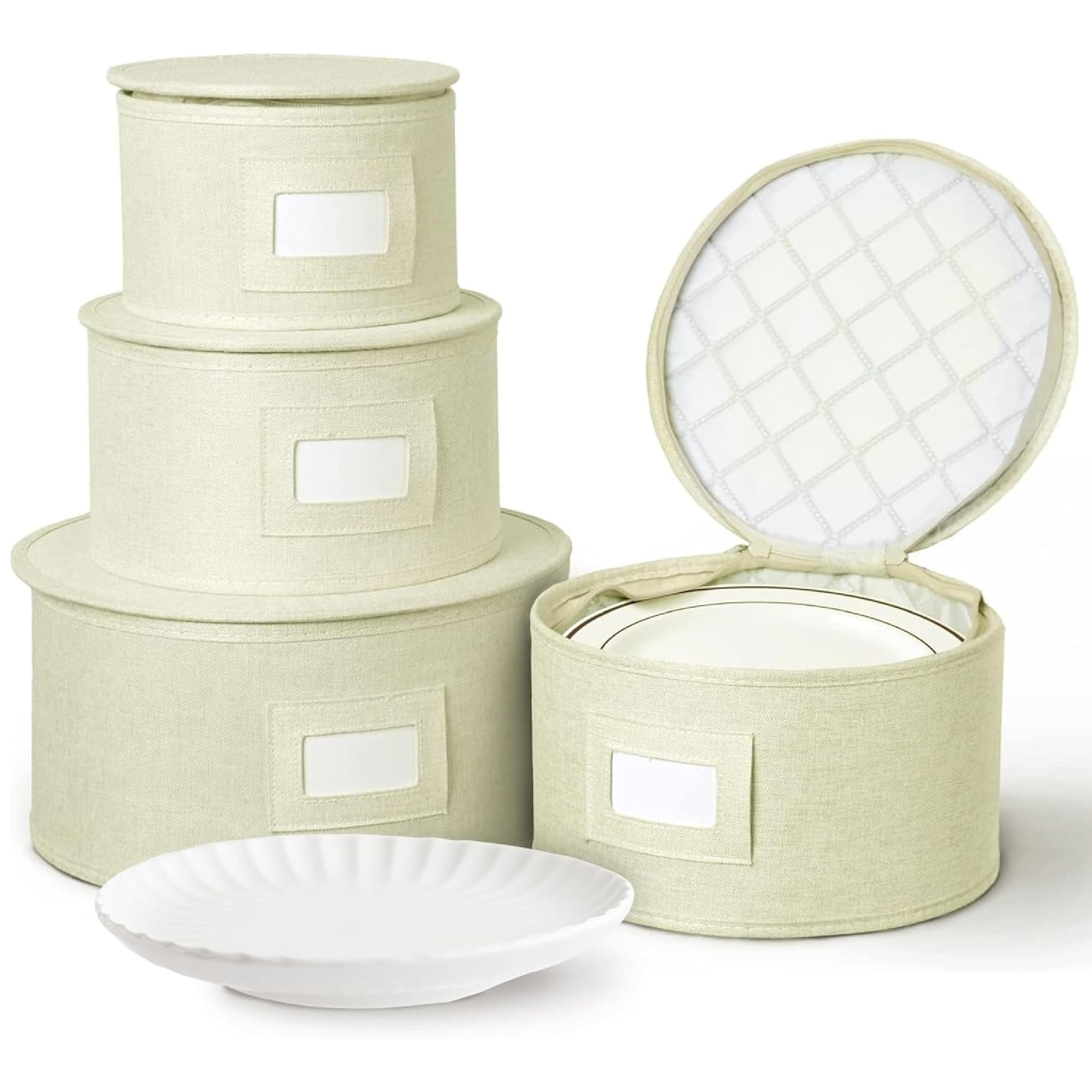 storageLAB China Storage Set, Hard Shell and Stackable, for Dinnerware Storage and Transport, Protects Dishes Cups and Mugs, Felt Plate Dividers Included (Cream, 4 Piece Quilted Set for Plates)