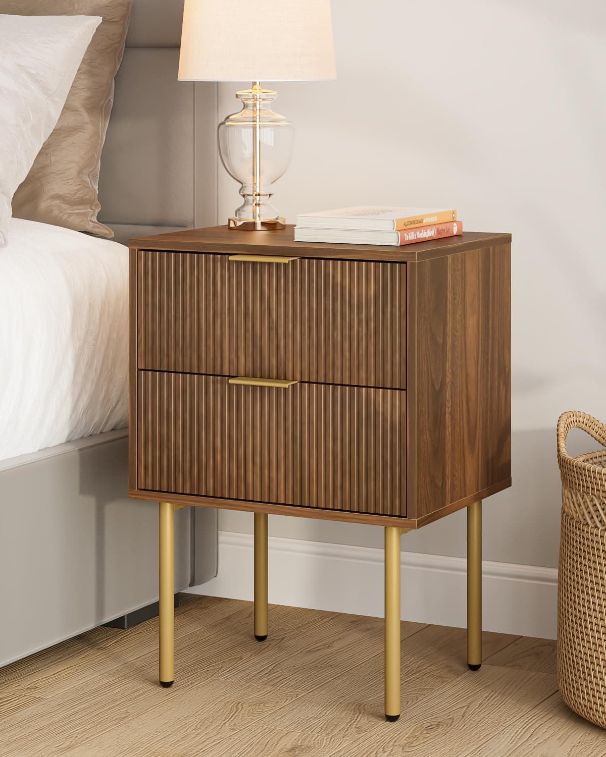 Masupu Night Stand,Mid-Century Modern Bedside Table with 2 Storage Drawer,Small Gold Frame Side End Table for Bedroom,Living Room, Walnut
