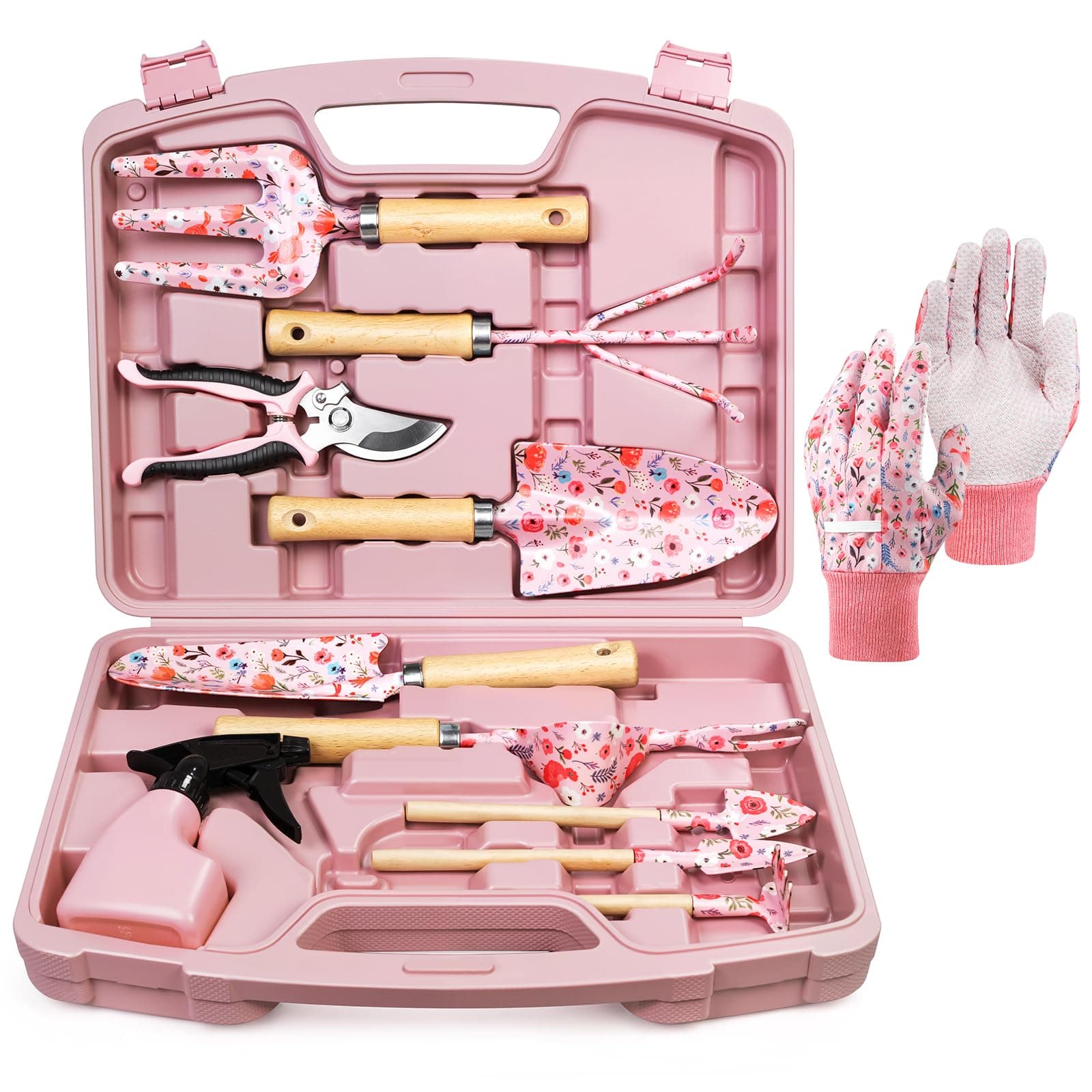 Grenebo 12-Piece Womens Gardening Tools Gift Set, Rust-Proof & Heavy-Duty Garden Tools with Durable Carrying Case, Fashionable & Thoughtful Gardening Gifts for Women&Men (Pink)