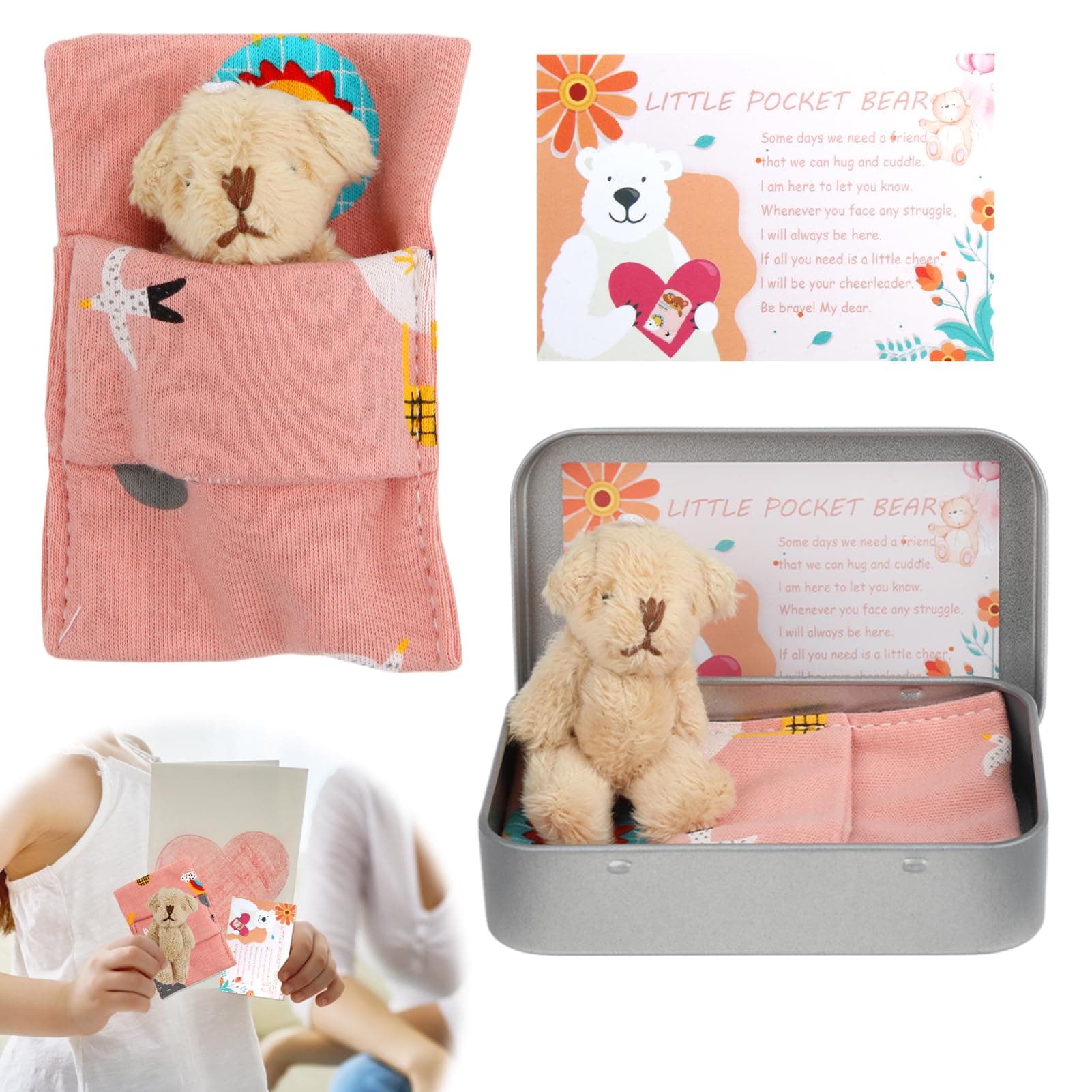 Little Pocket Bear Hug in a Tin Box Mini Stuffed Worry Bear Thinking of You Get Well Soon Key Chain Decoration Positive Christmas Birthday Gifts for Children Women Lover Friend Couple (Light Brown)