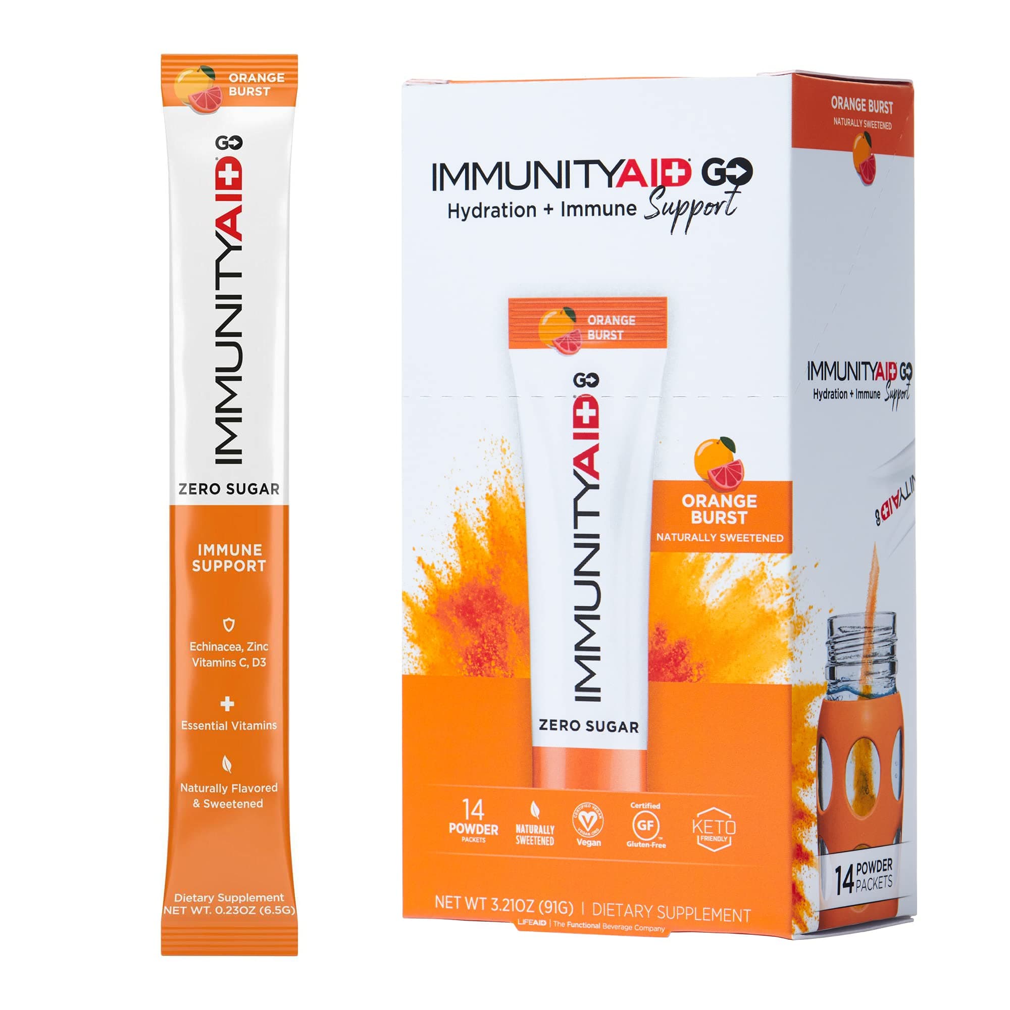 IMMUNITYAID GO! Zero Sugar Immunity + Hydration Packet, Vitamin C, Echinacea, Zinc, Astragalus Root, Keto-friendly, Vegan & Gluten-Free, 5 calories, Naturally Sweetened, No Caffeine, 14 Pack