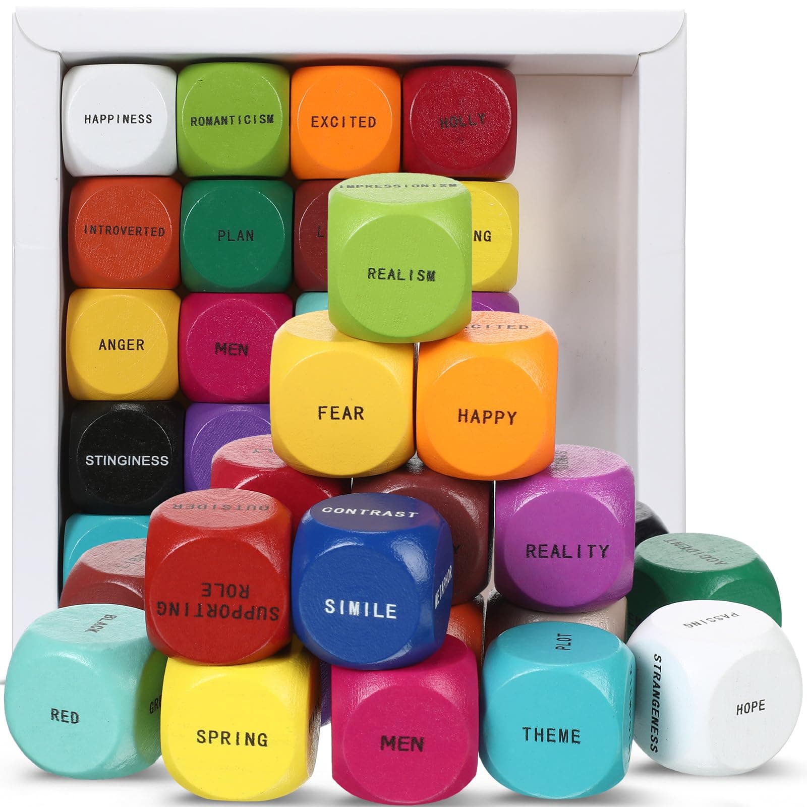 Arrowbash 20 Pcs Wood Writing Dice for Writers Creative Inspiration Creative Writing Story Dice Metaphor Dice Gifts for Writers Authors Creative Writing Games for Teachers Supplies(Classic Color)