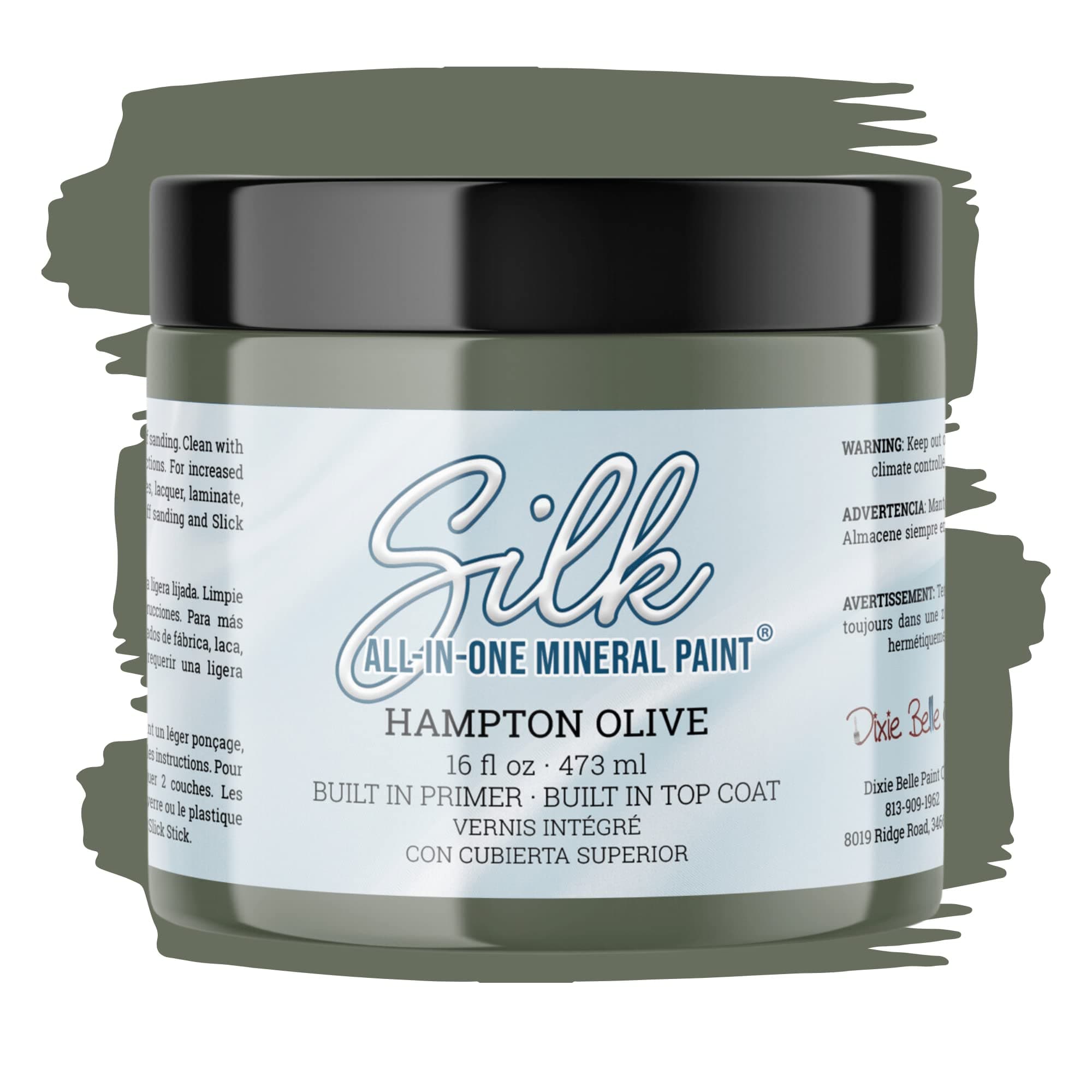 Dixie Belle Silk All-in-One Mineral Paint - Hampton Olive (16oz) - Olive Green Water Based Built-In Primer + Topcoat for Wood + Metal - Durable Furniture Paint - Low Reflective Finish - Made in USA