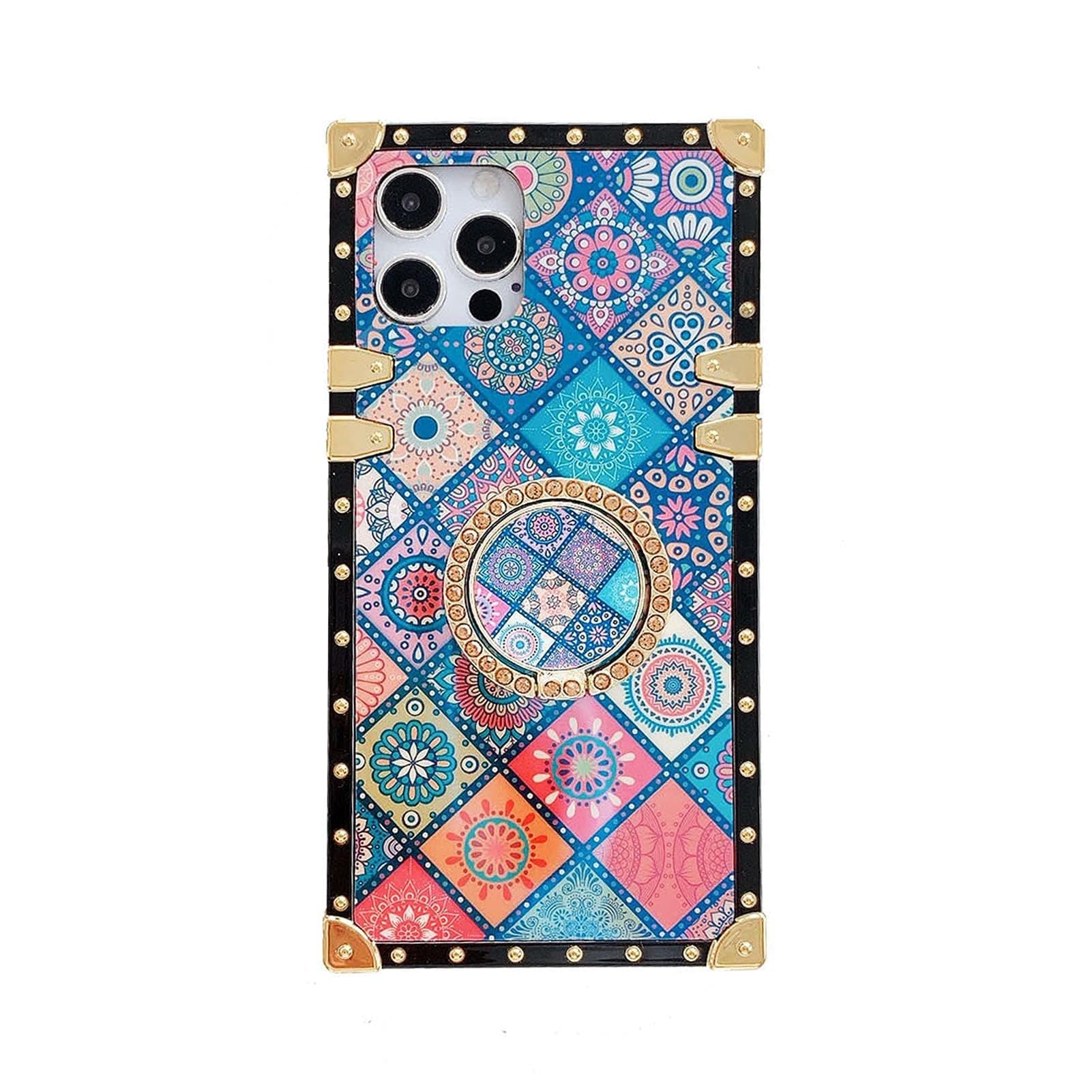 Retro Square Blue Ray Phone Case for iPhone Xs Max with Holder Ring Indian Hippie Bohemian Psychedelic Peacock Mandala Shockproof Cover iPhone 11 6.1''