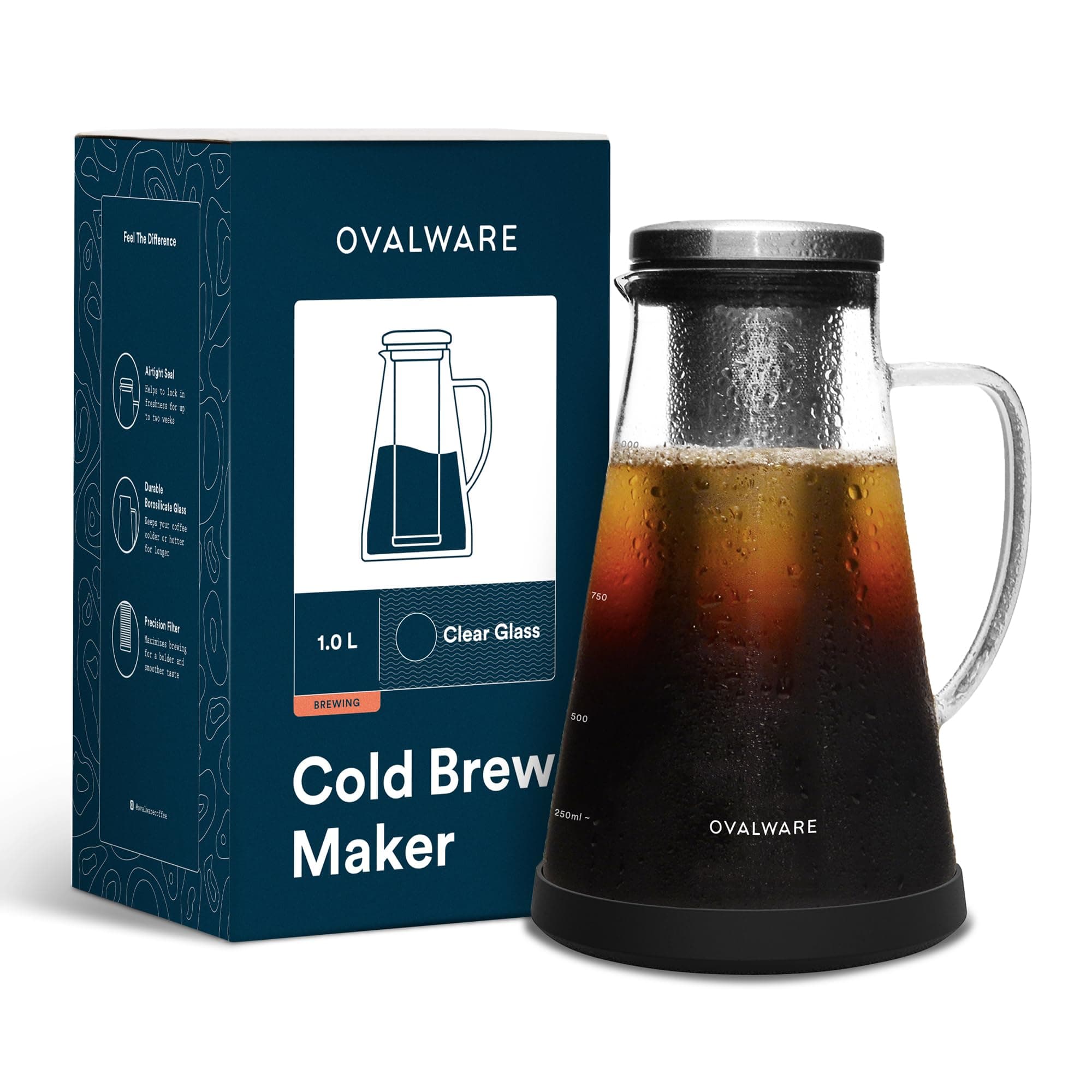 Airtight Cold Brew Iced Coffee Maker and Tea Infuser with Spout - 1.0L / 34oz RJ3 Brewing Glass Carafe with Removable Stainless Steel Filter