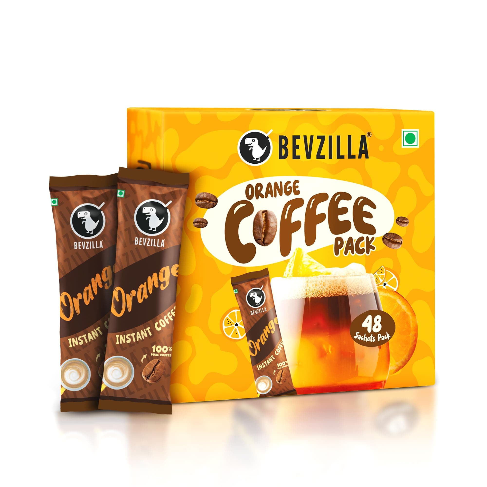 Bevzilla 48 Instant Coffee Powder Sachets (Orange) - 96 Grams | Makes 48 Cups|Arabica Coffee| Easy To Carry| Best For Espresso, Latte, Cappuccino|Enjoy Hot & Cold Coffee