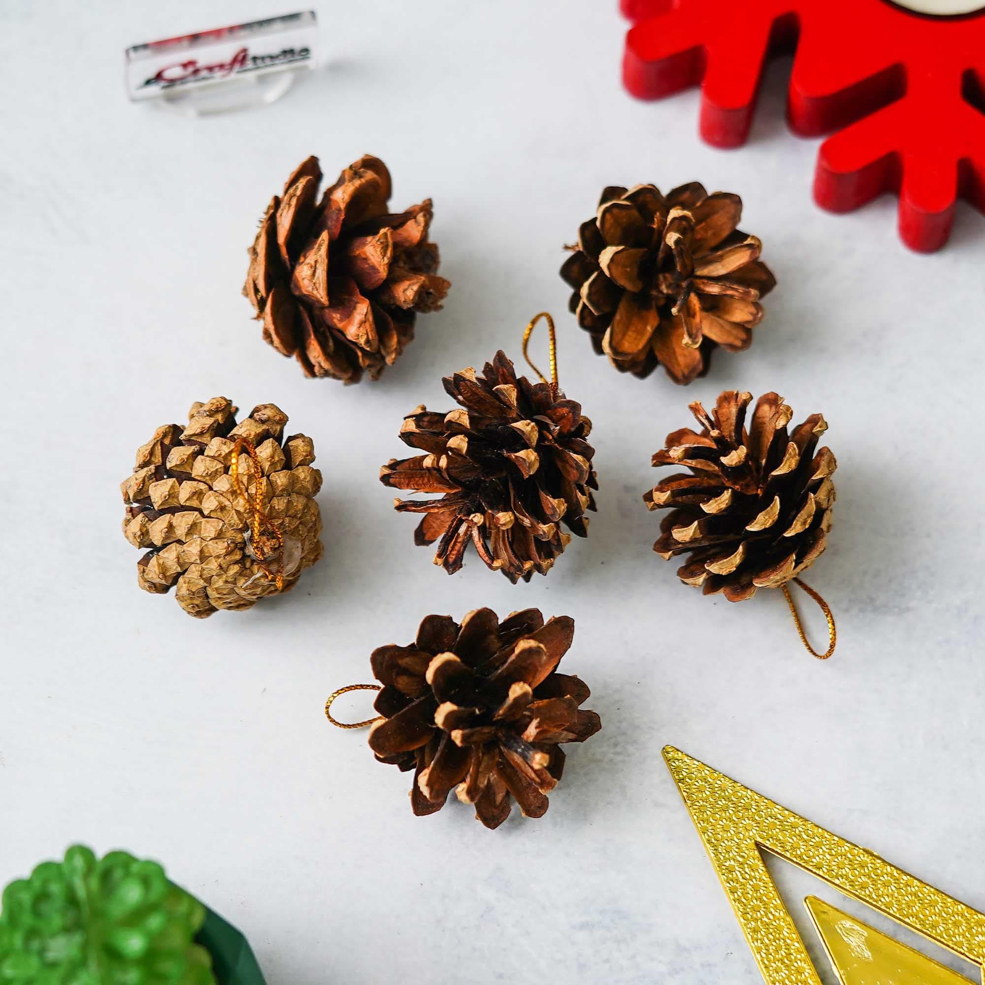 eCraftIndia Natural Pine Cone for Christmas Tree Decoration (Pack of 6) Hanging Ornaments Props Christmas Decorations Items for Home Office Xmas Gifts for Women Men Kids Friends