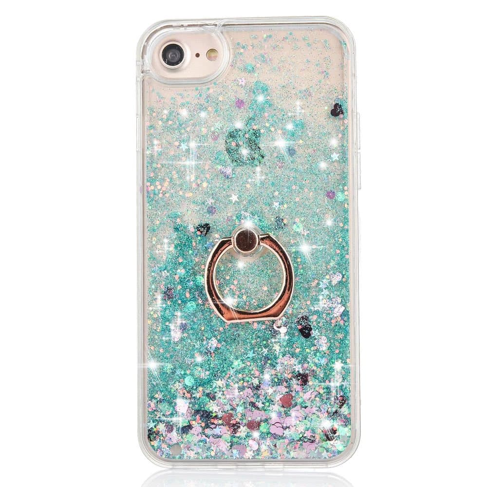 iPhone 7 Case Crystal Clear Quicksand Liquid - JAZ Finger Ring Stand Ultra Thin Soft Transparent Plastic Floating Luxury Bling Glitter Sparkle Diamond Case for iPhone 7 /iphone 8 (Heart Green)