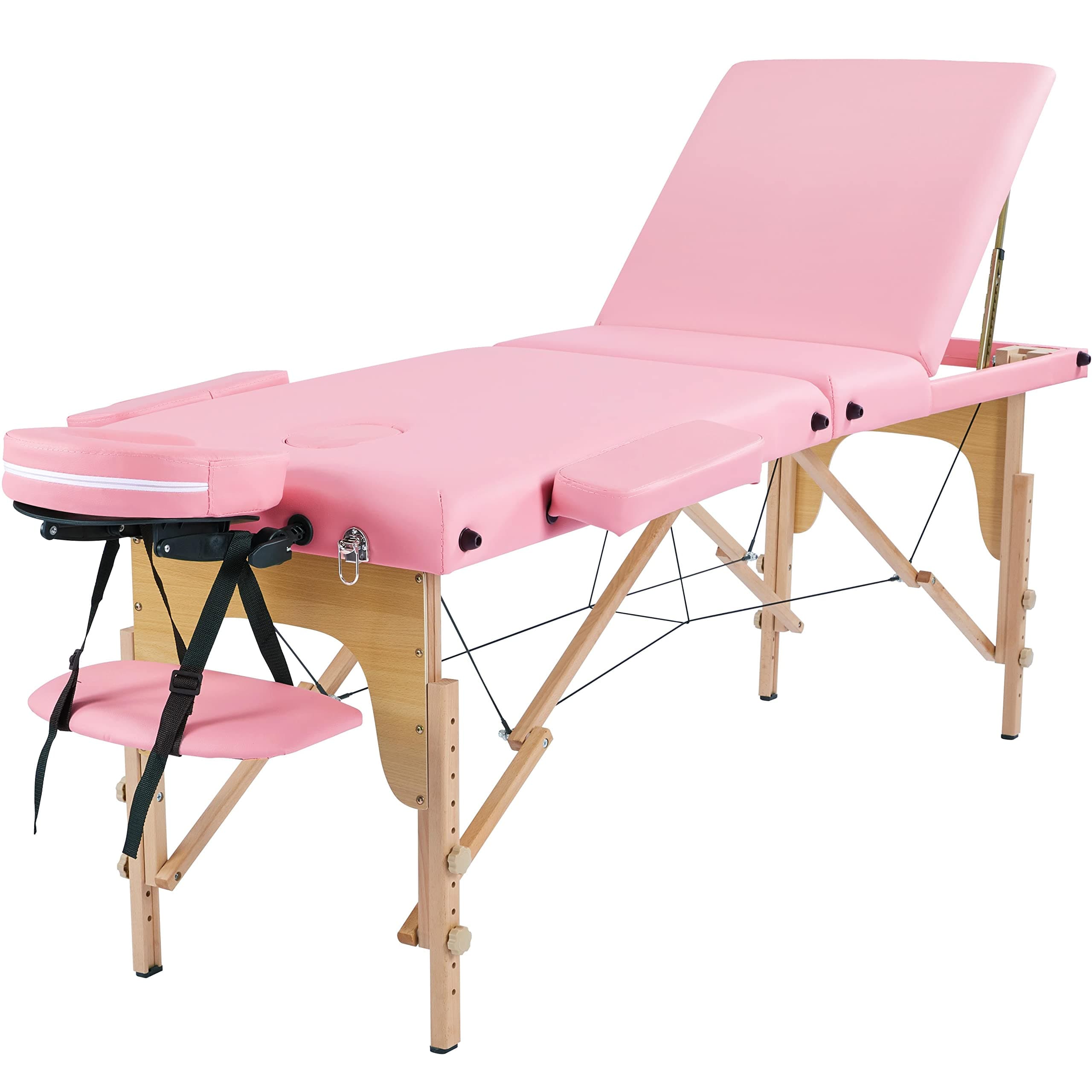 Yaheetech Portable Massage Table Folding Spa Beauty Bed Lightweight Tattoo Therapy Couch Wooden 60 cm Width 3 Section Pink