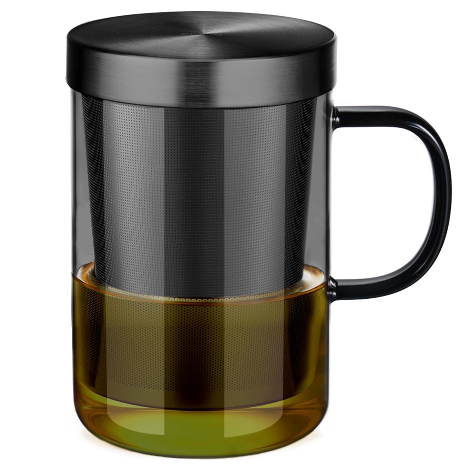 ecooe 16.9oz Glass Tea Cup with Infuser and Lid Clear Glass Tea Cup with Removable Stainless Steel Infuser & Lid, 500ml Teacup for Loose Leaf Tea, Tea Maker Gift for Birthday (Black Glass)