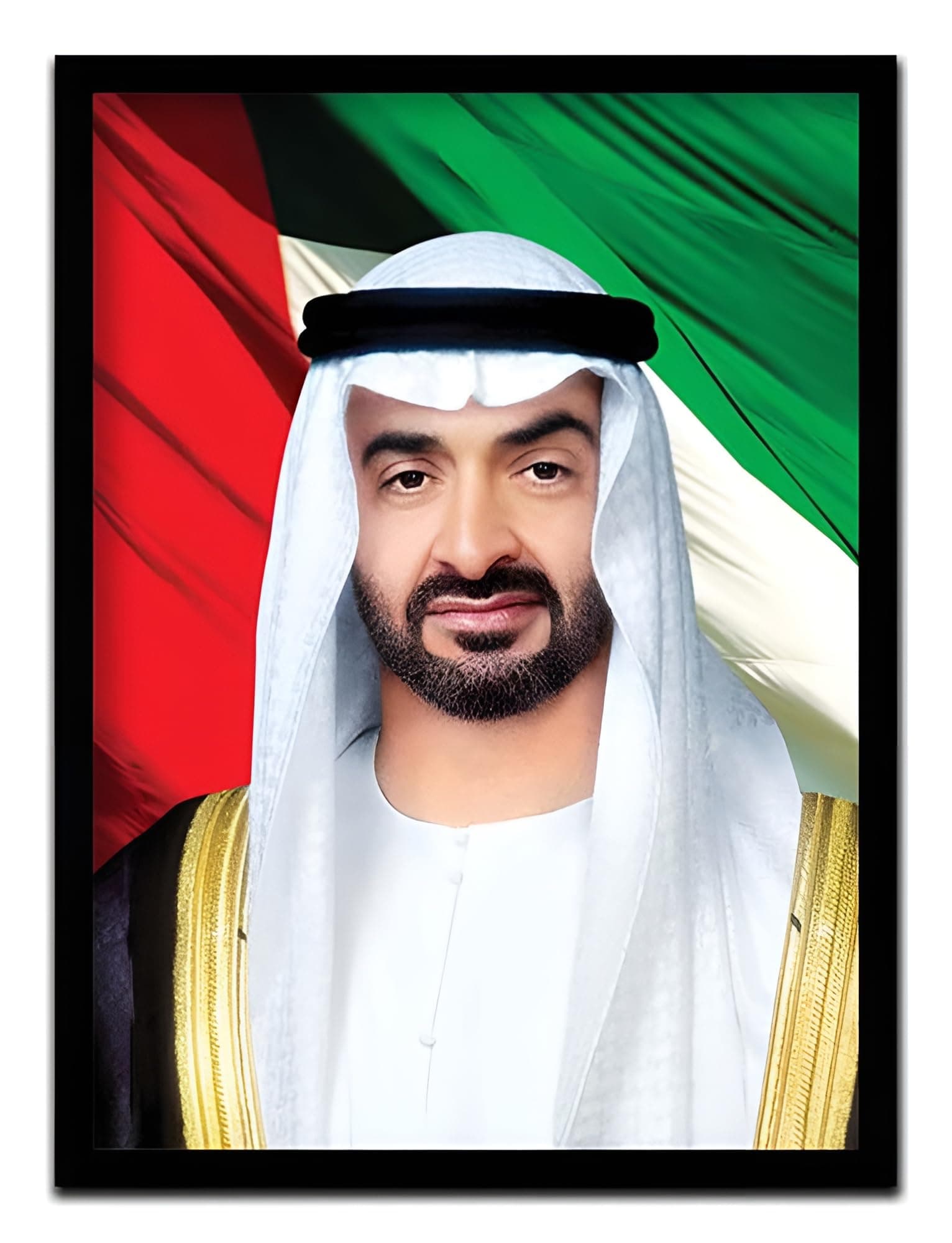 Spoil Your Wall Sheikh Mohammed Bin Zayed Bin Sultan Al Nahyan Flag Background | Digitally Printed Poster with Black Frame | Size 40x55cm