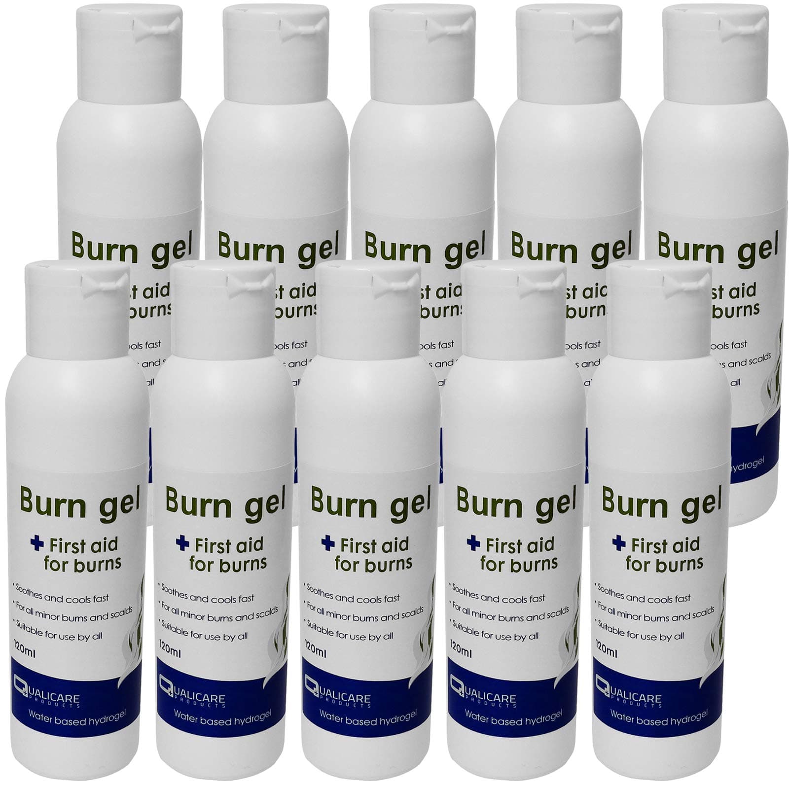 10 Bottle Pack Qualicare 120ml First Aid Burns Scalds Sunburn Cooling Soothe Gel