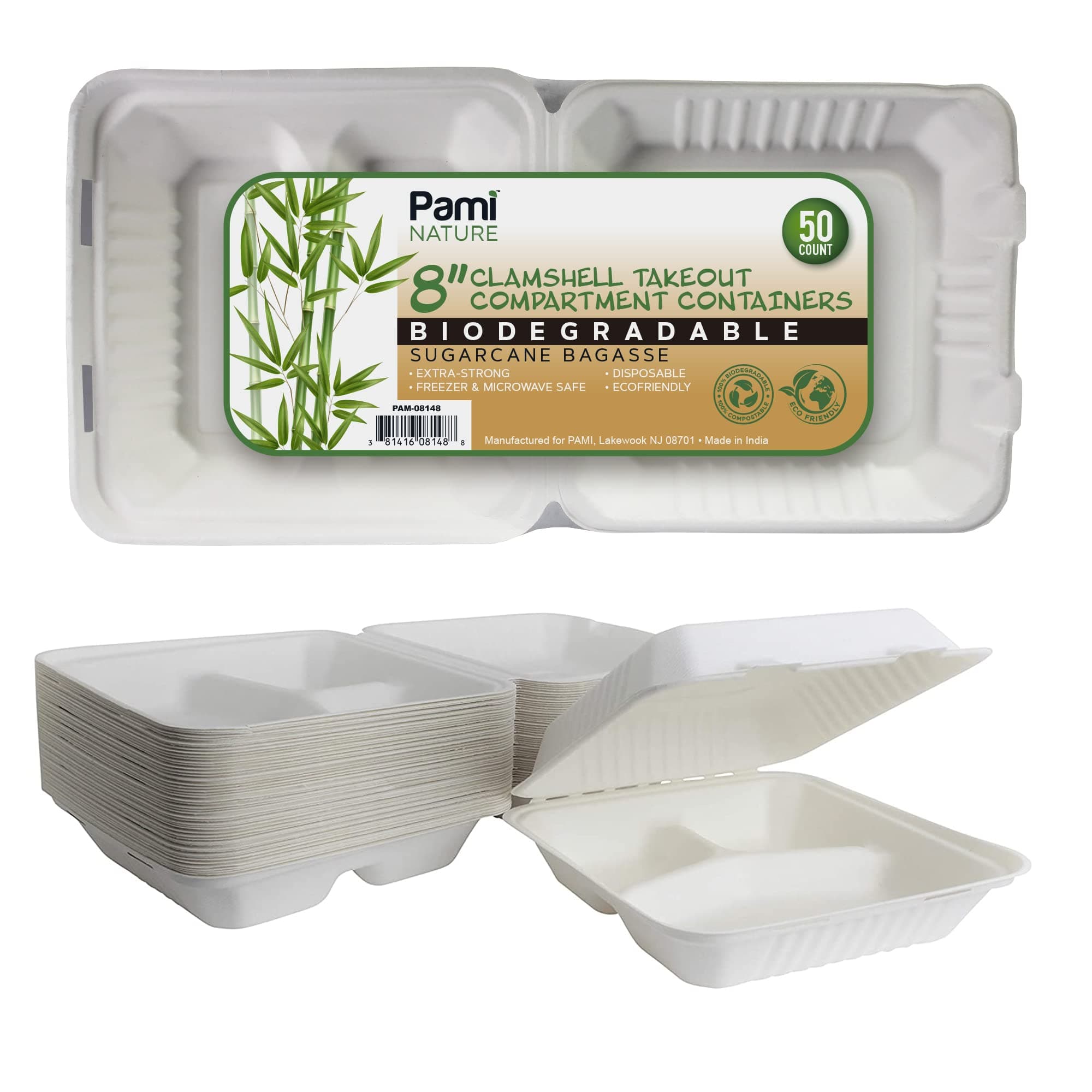 PAMIBiodegradable to Go Food Containers 8x8 in 50 Pack Compostable Microwavable Clamshell Boxes Made from Eco-Friendly Sugarcane