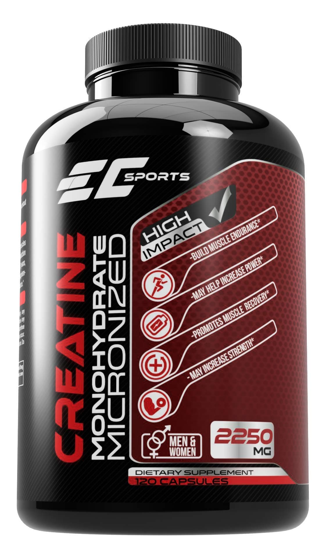 EC Sports, Creatine Monohydrate Micronized, Increase Strength, Improve Performance and Promote Recovery, 120 Capsules