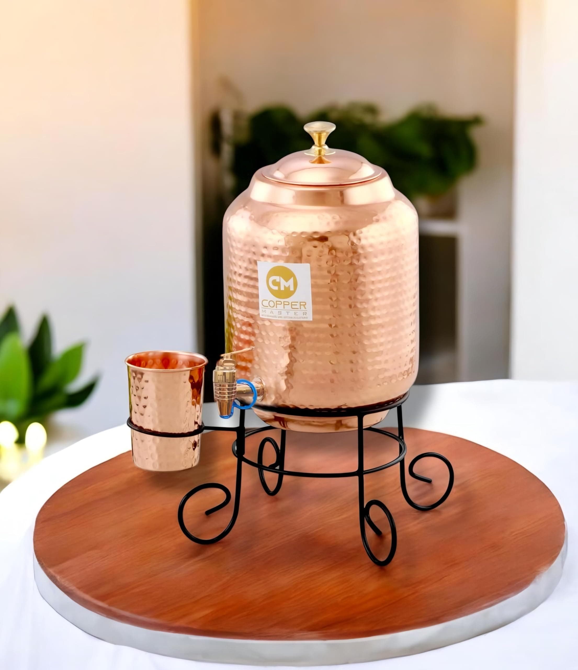5 Litre Hammered Water Dispenser (Matka/Pot) Container Pot with 1 Copper Glass and Stand Pure Copper and Ayurvedic Health Benefits (5000 ml)