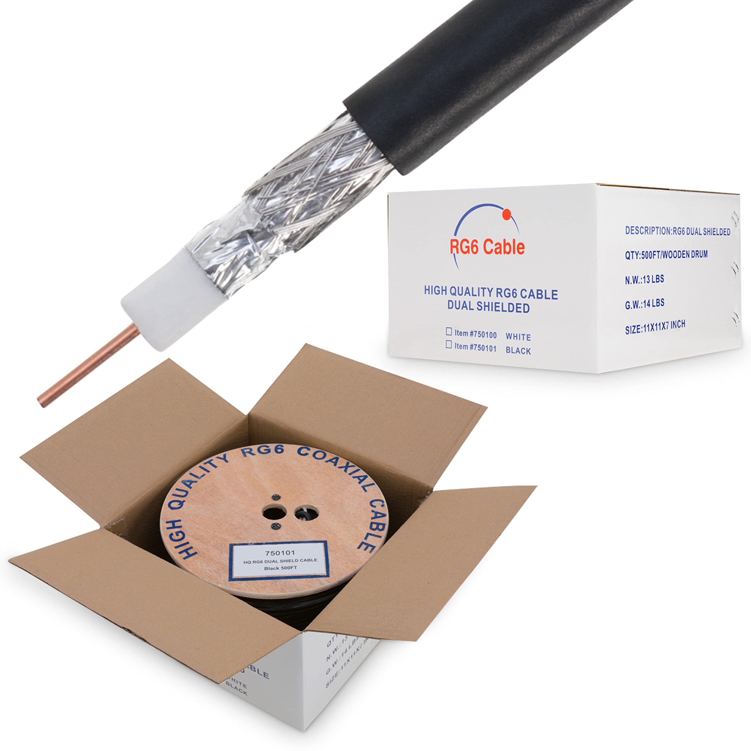 Cables Direct Online RG6 Coaxial Cable Dual Shield Bulk, 18 Gauge Copper Clad Steel (CCS) Conductor, Aluminum Braid, PVC Jacket, Reel Box, 500ft, Black