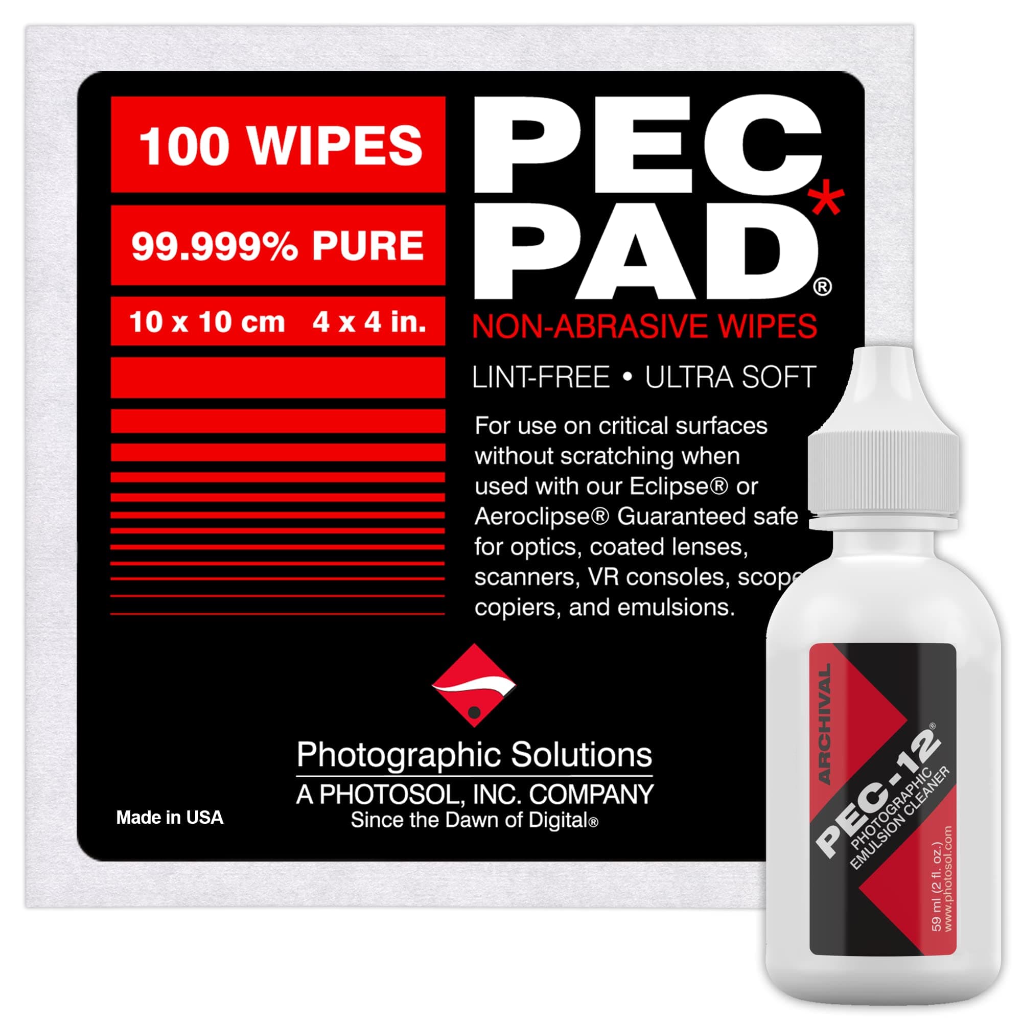 Photographic Solutions PEC 12 Emulsion Cleaner Kit and PEC PAD Lint Free Non Abrasive Wipes 4"x4" 100 Sheets per/Pkg for Cleaning Film, Photo Negative, B&W Slide Dropper Tip (59ml) 2oz