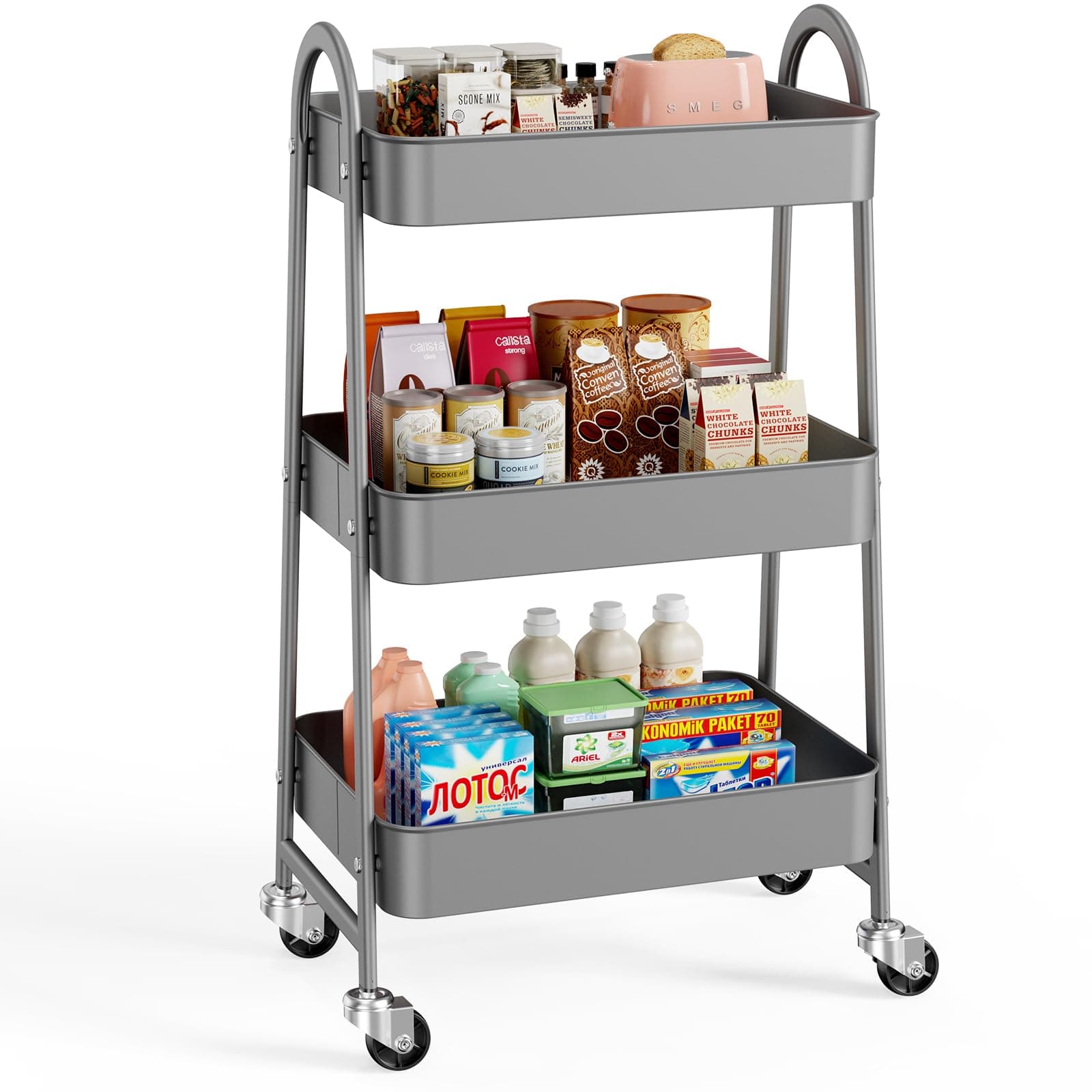 3 Tier Small Rolling Cart, Metal Utility Storage Organizer Kitchen Trolley Bathroom Laundry Room Bar Office Shelves Mobile Shelving Unit with Caster Wheels for Snack Bedside Narrow Places