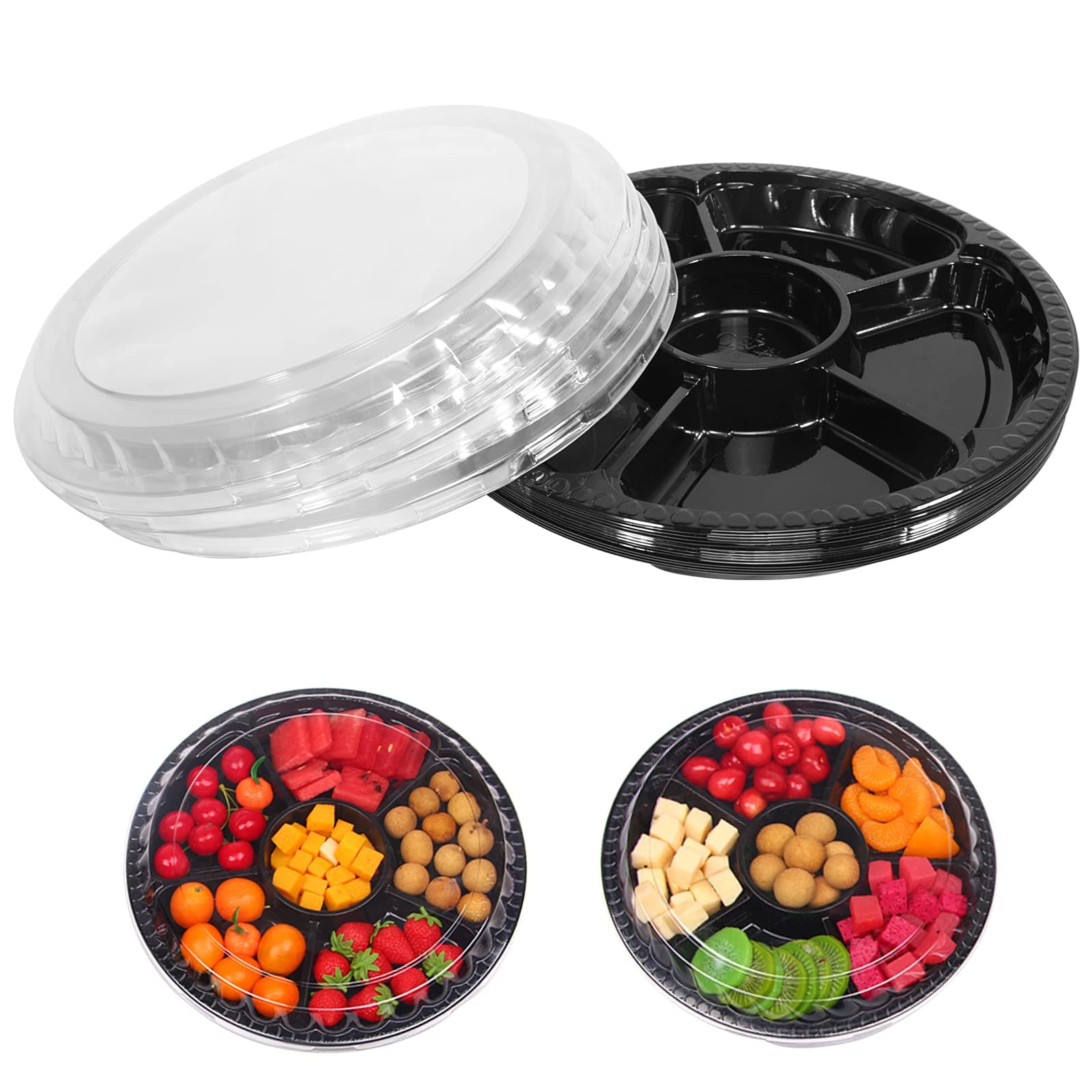 mwellewm 10 Pcs Round Plastic Appetizer Tray with Lid Divided Serving Tray, Disposable Food Storage Containers, Plastic Tray Storage, Kids Snack, Fruit Platter Vegetable Trays for Party and Buffet