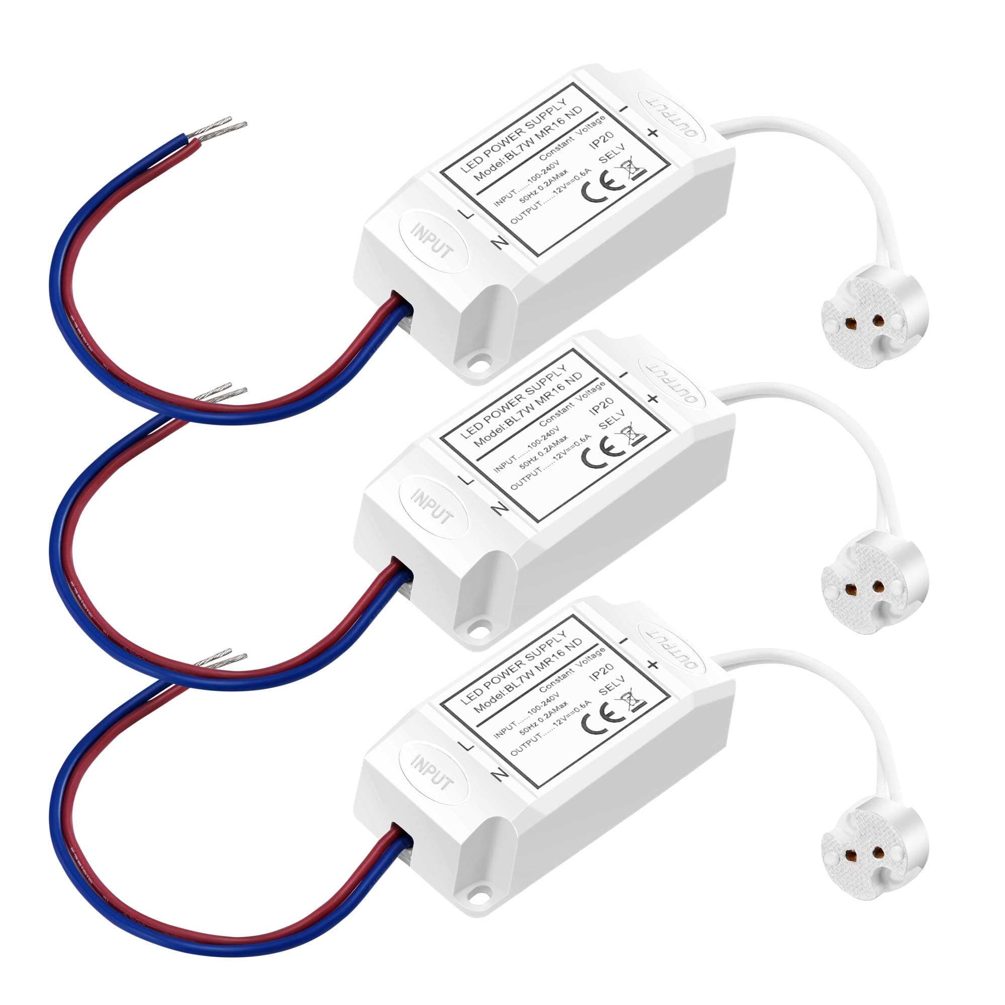 Boxlood LED Driver Transformer 240V - 12V with Bi-Pi Base MR16 Socket, DC 12V 0.6A Max 7W, Non-Dimmable, for 12V LED Lights, GU5.3 MR16 LED Bulbs, G4 LED, MR11 LED, 3 Pack