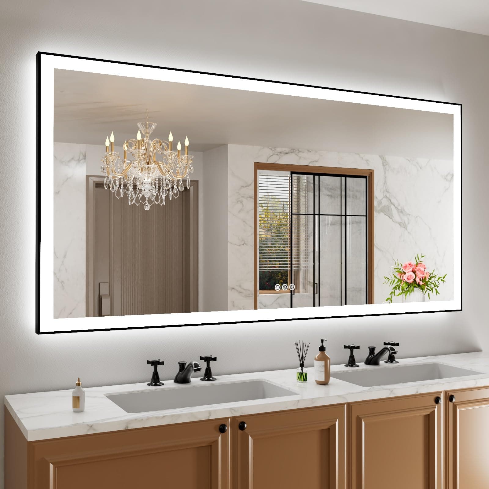 Amorho 72"x 36" LED Bathroom Mirror with Black Frame, Front Light and Backlit(Controlled Separately), Stepless Dimmable, Anti-Fog, Shatter-Proof, 3 Colors, Memory