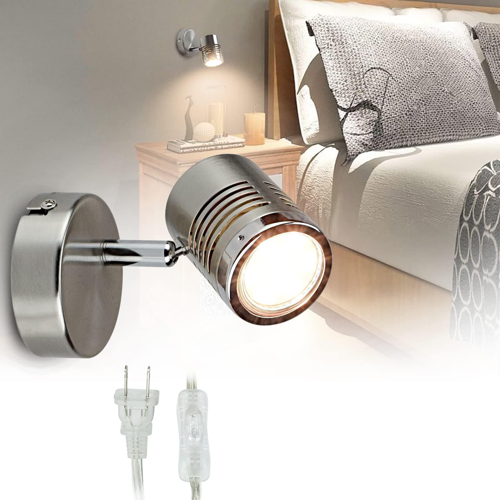 DLLT Mini Directional Wall Spot Light, Adjustable Flush Mount Ceiling Plug Track Lighting for Bedside, Hallway, Headboard Picture, Kitchen, Bedroom, Office, Warm White