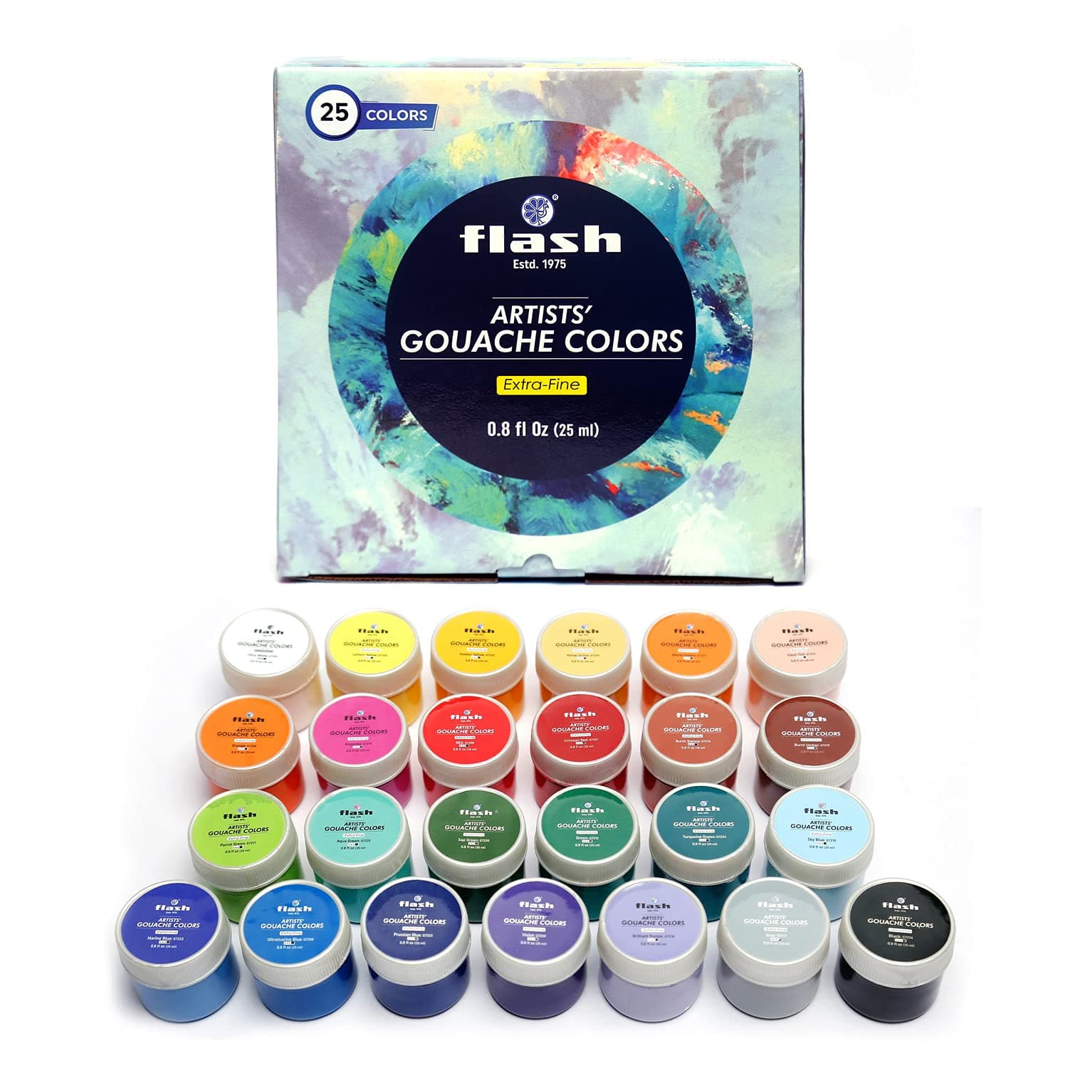 Flash Gouache Colour Set | 25 Colors | 25 ml, 0.8 fl oz Each | Matt Finish | Rich Pigments, Vibrant, Non Toxic Paints for The Professional Artist, Hobby Painters & Kids