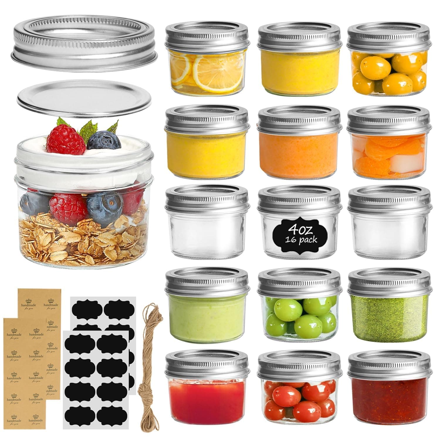 ComSaf Mini Mason Jars Bulk 4oz 16PCS, Regular Mouth Mason Jar with Lids and Seal Bands, Small Glass Canning Jar for Spice, Jam, Honey, Jelly, Dessert, Shower Wedding Favors, DIY Candles Decor