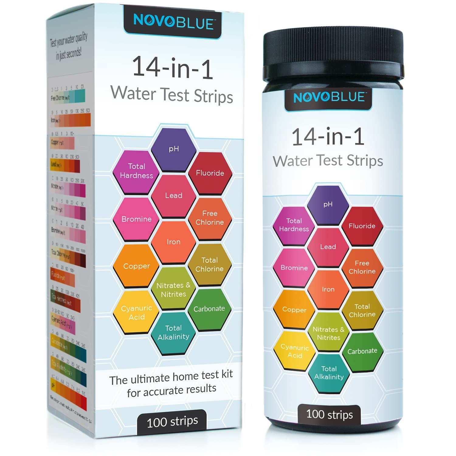 14-in-1 Water Test Kit by NovoBlue - Tester Strips for Pool, Spa, Hot Tub, Aquarium, Drinking Water, Well - Detect pH, Hardness (TDS), Chlorine, Fluoride, Lead, Iron, Copper, and more!