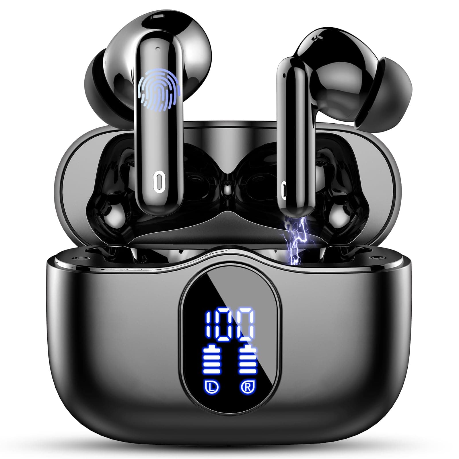 Wireless Earbuds, Bluetooth 5.4 Headphones In Ear with 4 ENC Mic, 2025 Wireless Earphones Noise Cancelling Deep Bass, LED Display, Bluetooth Earbuds 36H Playtime, IP7 Waterproof Ear buds, USB-C, Black