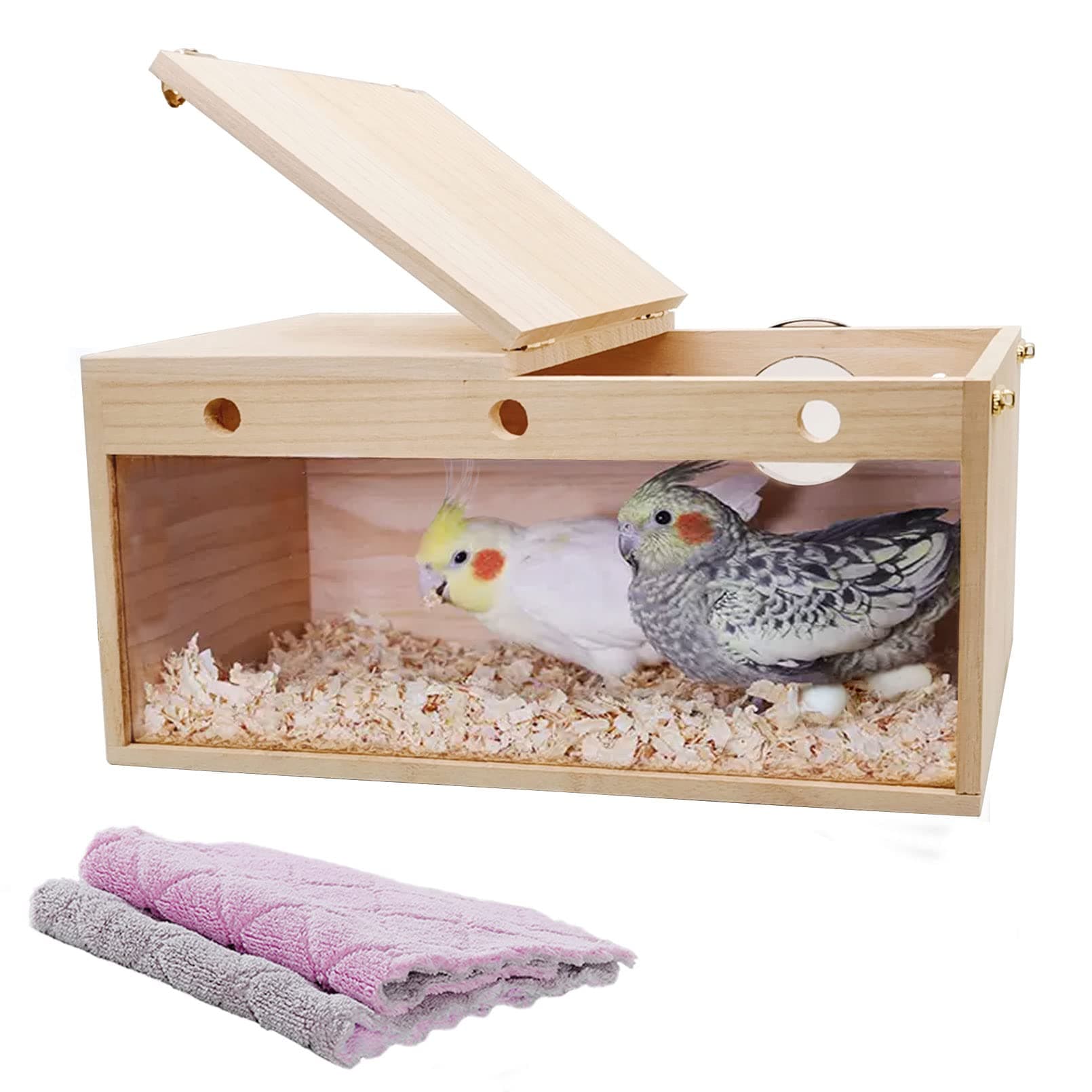 kathson Transparent Parakeet Nesting Box Parakeet Breeding Box Bird Nest with Perch Wooden Acrylic Bird Cage House Nest for Parrot Lovebirds Cockatiel Conure Budgie and Other Small Medium Birds(XL)