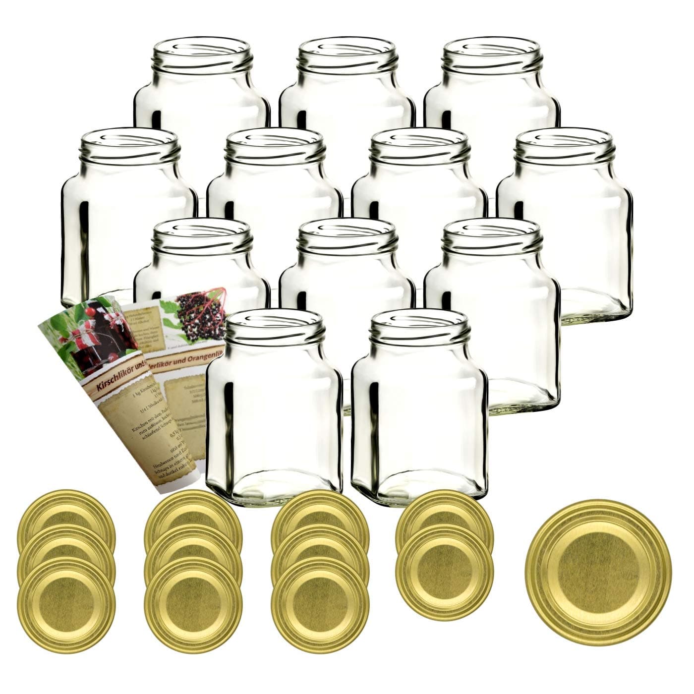Gouveo Empty Square Preserving Glass Jars 314 ml Including Screw Top Storage Jars, Jam Making and Preserving Jars Spice Jars, 12 Gläser Gold