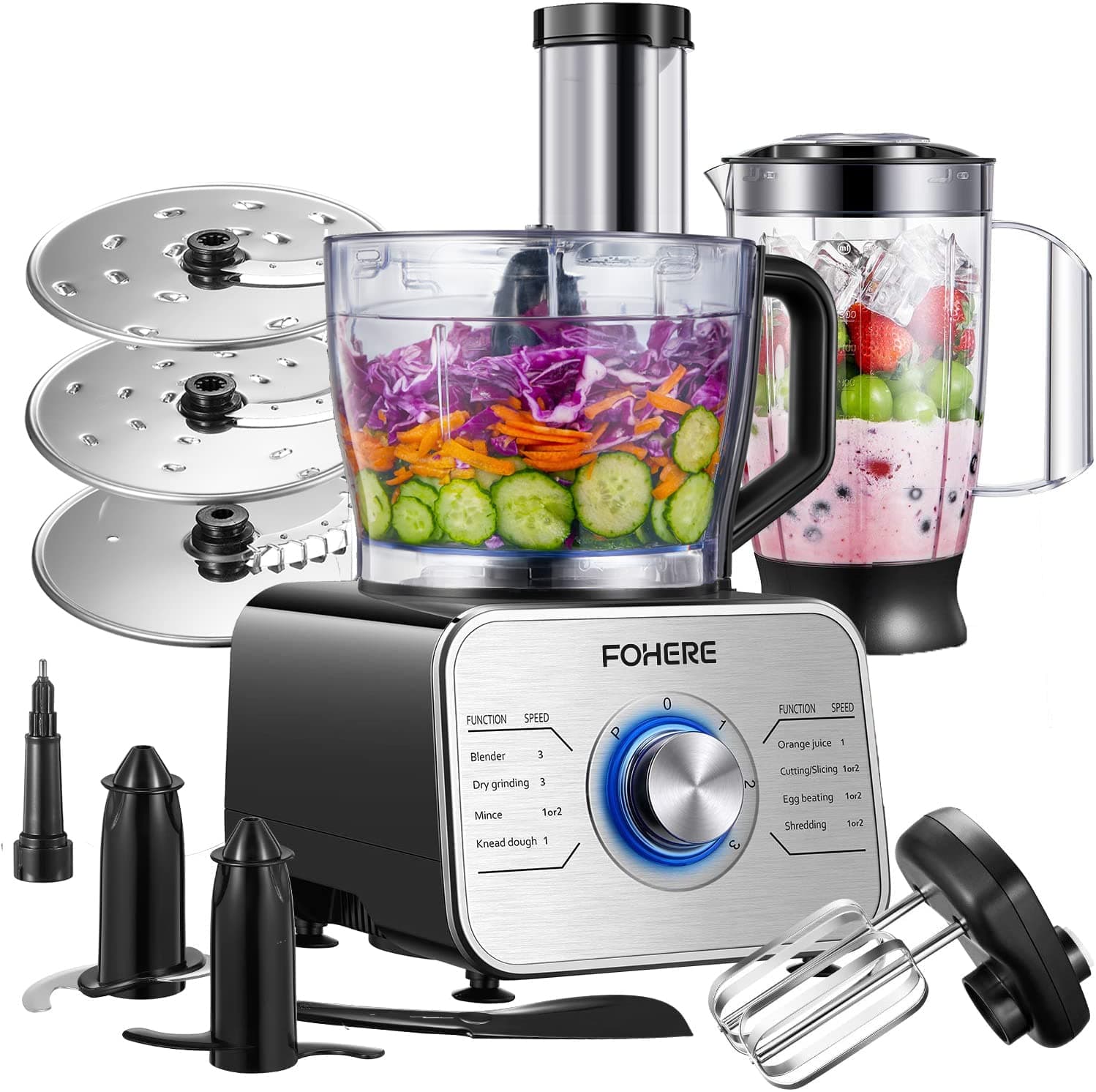 FOHERE Food Processor Multifunctional, 3-Speed Food Processor and Blender Combo with 3.5 L Bowl, 1.5 L Blender Jug, Simple Operation for Blending, Dicing, Slicing, Shredding, Mincing, and Pureeing