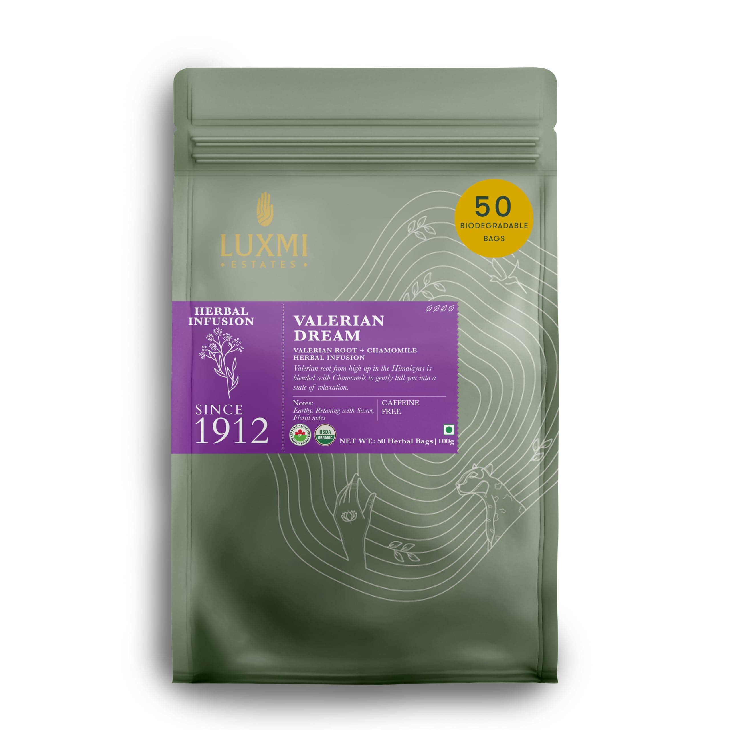 Luxmi Estates Valerian Dream – Organic Sleep Tea | 50 Plant-Based Biodegradable Bags | USDA Organic | Valerian Root, Chamomile, Lavender & Rose | Caffeine Free Best For Insomnia, Anxiety & Stress Relief, Relaxation, Restful and Peaceful Sleep