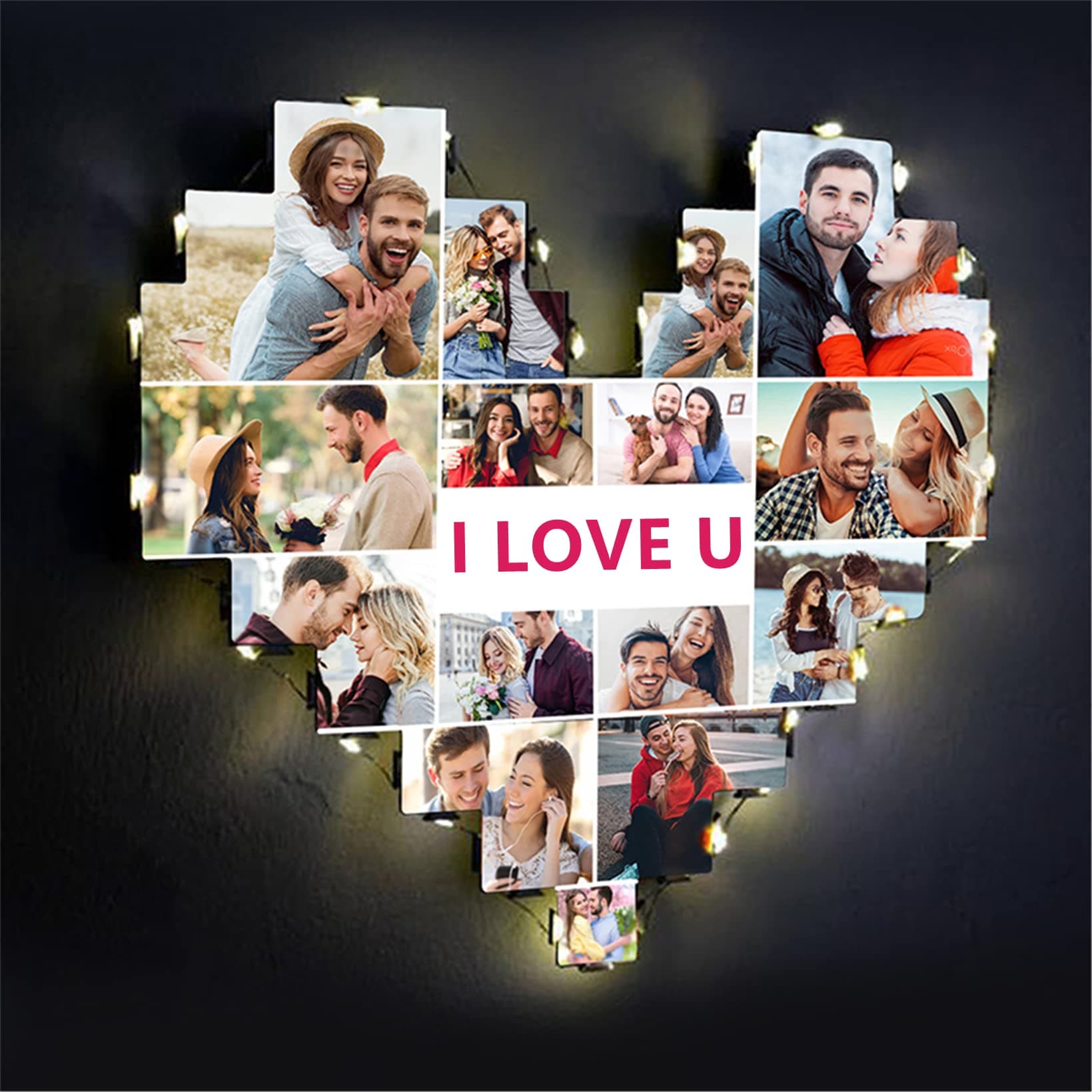 Personalized Multi Heart Photo Collage Wall Lamp LED Night Light Decor Custom Heart Collage Picture Frames Gifts for Couples Friends Family Customized Acrylic Photo Wall Light (I LOVE U)